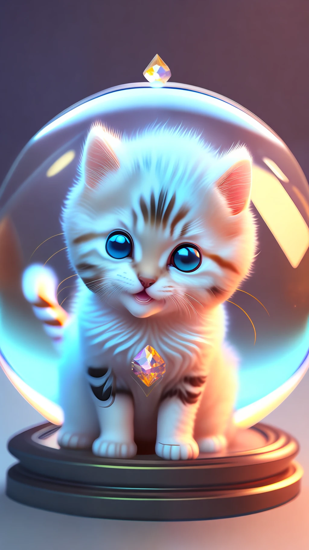 A cute kitten, made of a crystal ball, open mouth, laugh, Morandi color system, highly detailed complex concept art trend with low-poly eyes artstation 8k, laughing !!