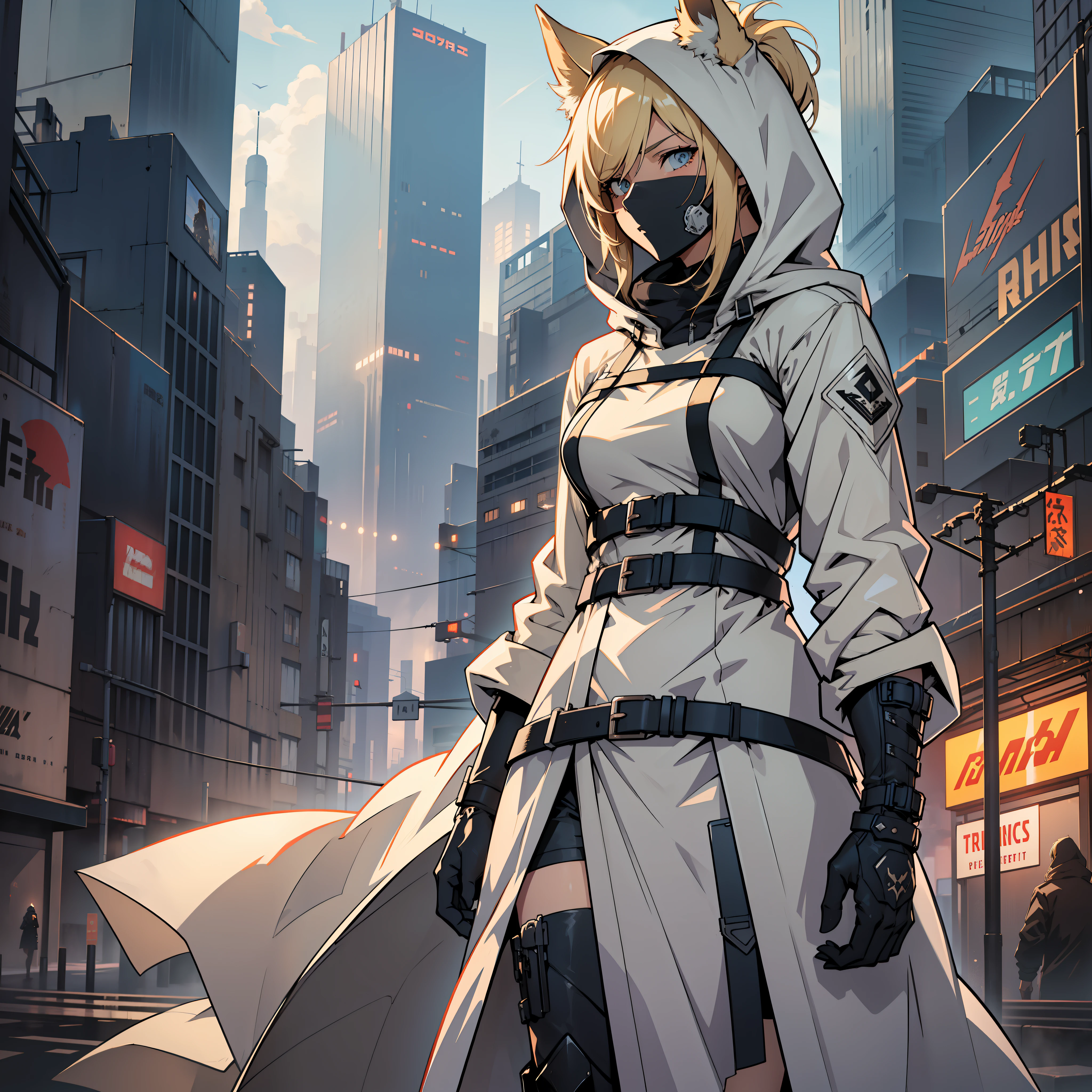 Sad dusk city background, colorless translucent hooded trench coat, blonde, gunslinger, horse ear, spirited royal sister, ark of tomorrow, best quality, high resolution, best quality, high quality, detailed key anime art, best anime --auto --s2