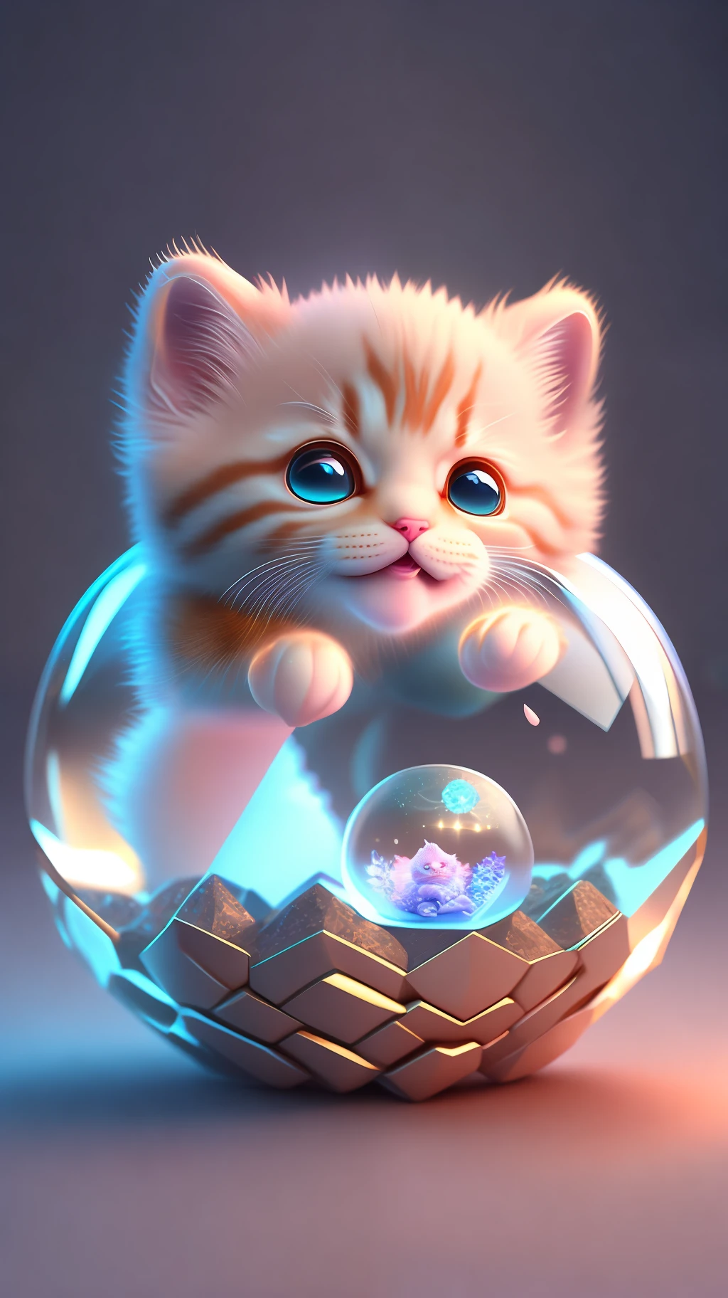 A cute kitten, made of a crystal ball, open mouth, laugh, Morandi color system, highly detailed complex concept art trend with low-poly eyes artstation 8k, laughing !!