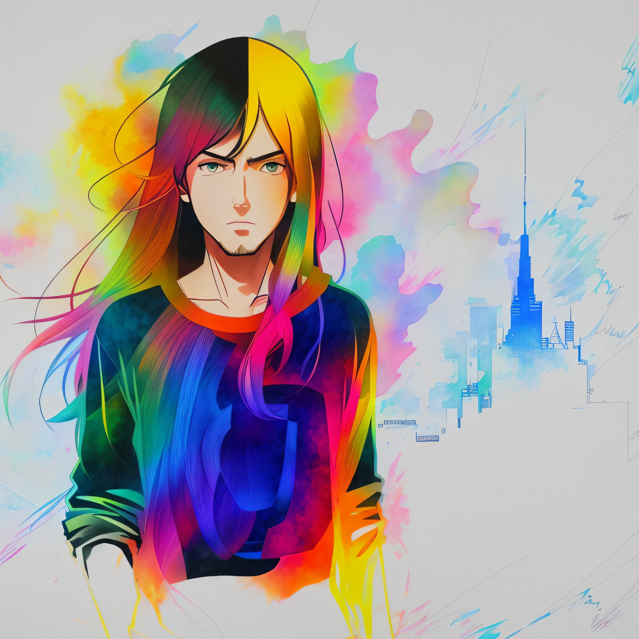 Desenho estilo anime de um homem com cabelo comprido, a paint splash art portrait of a man with rainbowshift hairs and glasses, Something