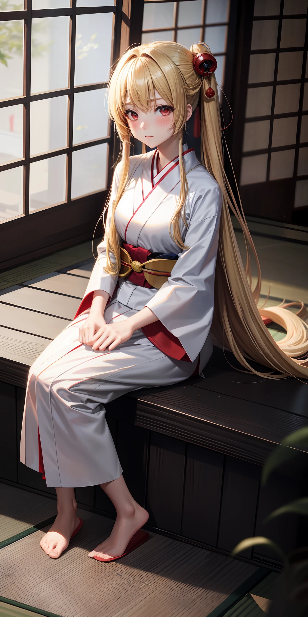 anime, single girl, blonde, long hair, red eyes, kamimeki, blush, japanese room, sitting, white kimono, red hakama, japanese room, indoor