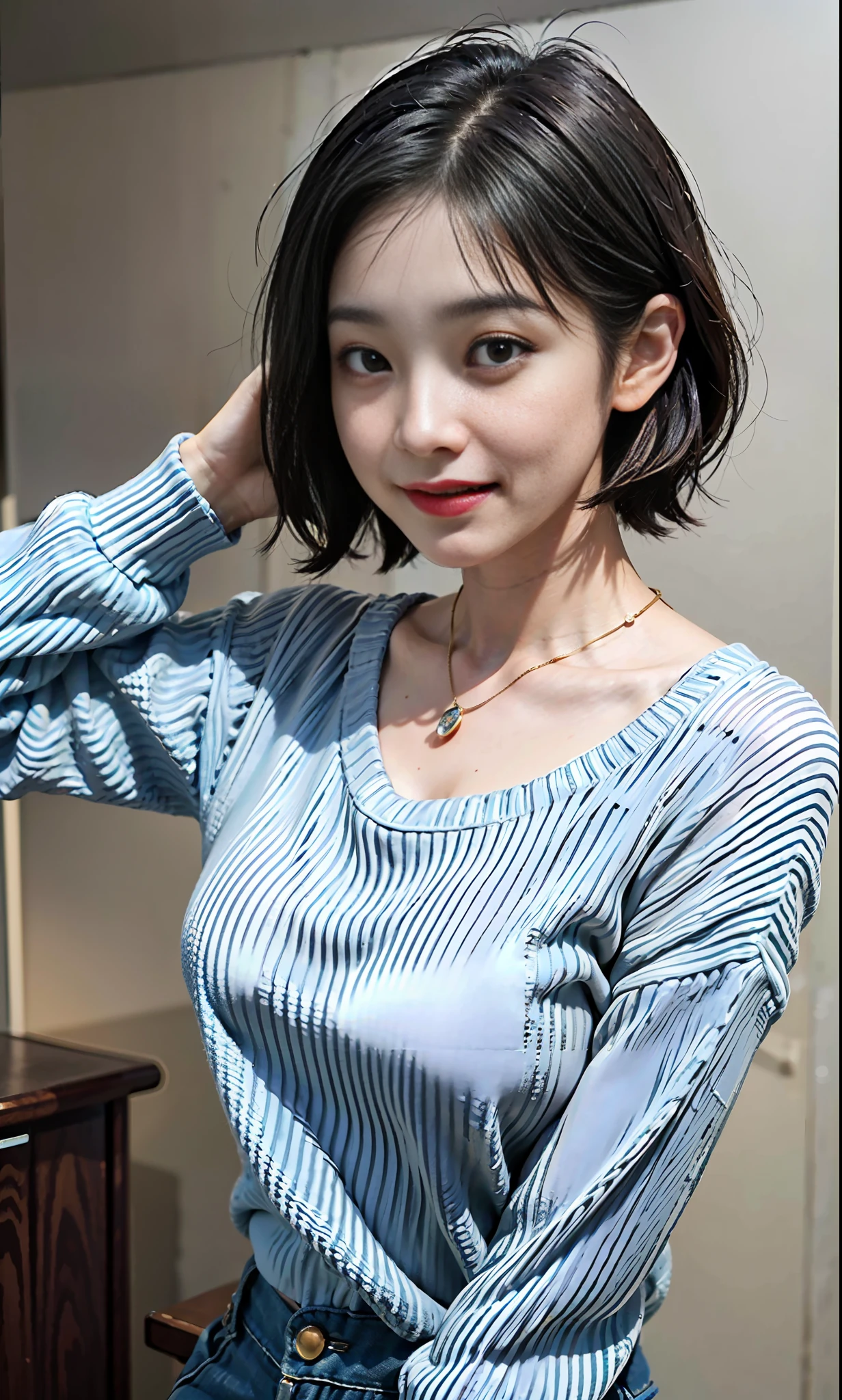 (Best quality, 8k, 32k, Masterpiece, UHD:1.2),Pretty korean woman photo, big breasts, very short short hair, upper body,(oversized_sweater,:1.1) necklace, simple background, tour, smile