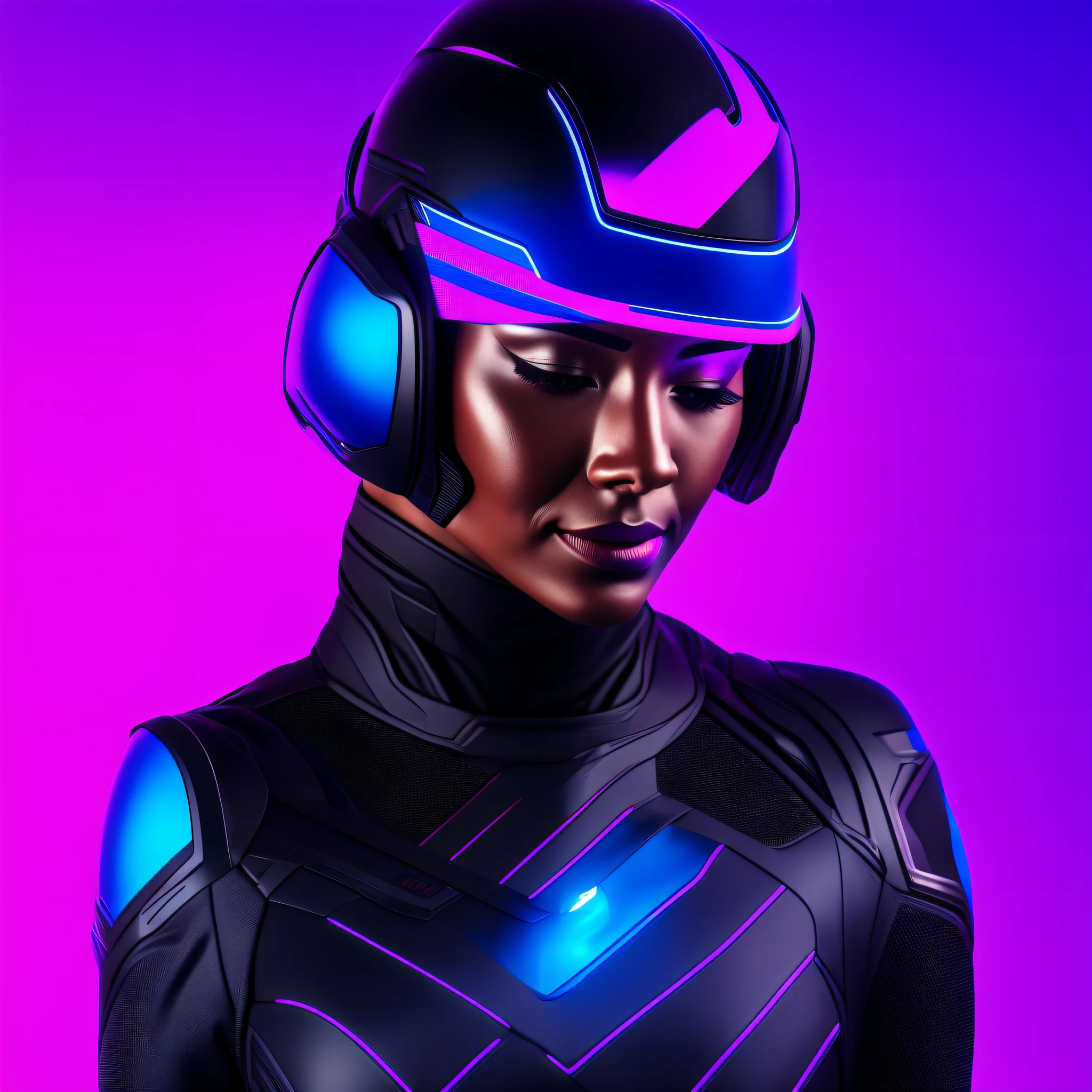 SLIM GIRL WEARING A BLACK ELASTANE TECHNOLOGY SUIT WITH BLUE DETAILS AND CYBER HELMET WITH PINK VISOR, SMOKY BACKGROUND WITH BLUE LIGHTING, SCIFI MOVIE, OCTANE RENDER, UNREAL ENGINE, 4K 8K CINEMATIC