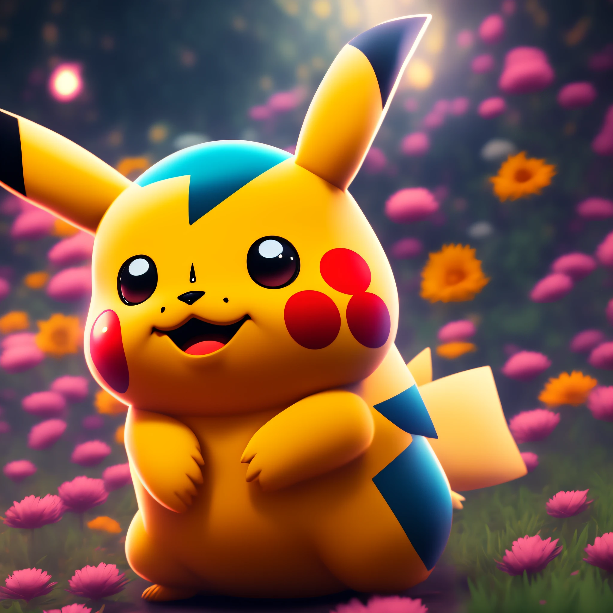 PIKACHU EXTREMAMENTE FELIZ, DRAMA LIGHTING, DIGITAL PAINTING, 4K, 8K, UNREAL ENGINE