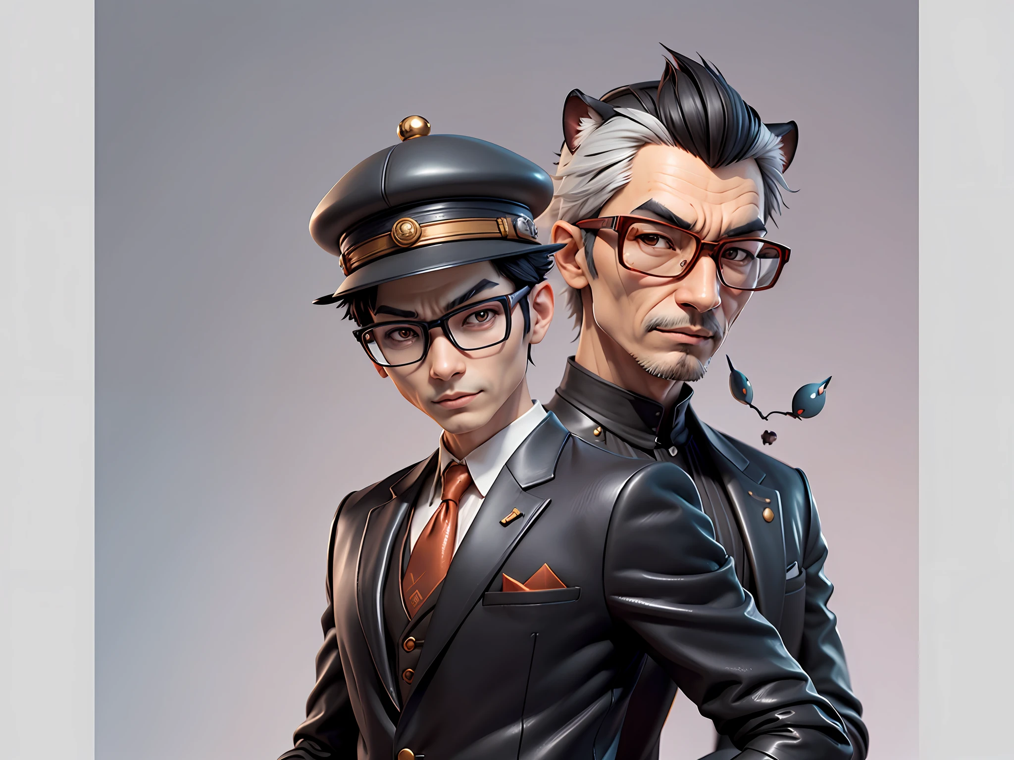 Young man with oriental face in leather hat, tiger, oriental face in formal suit, short black hair, silver glasses, digital painting, 3D character design by Mark Clairedon and Pixar and Hayao Miyazaki and Akira Toriyama, the illustration is a high-definition illustration in 4K resolution with very detailed facial features and cartoon-style visuals.