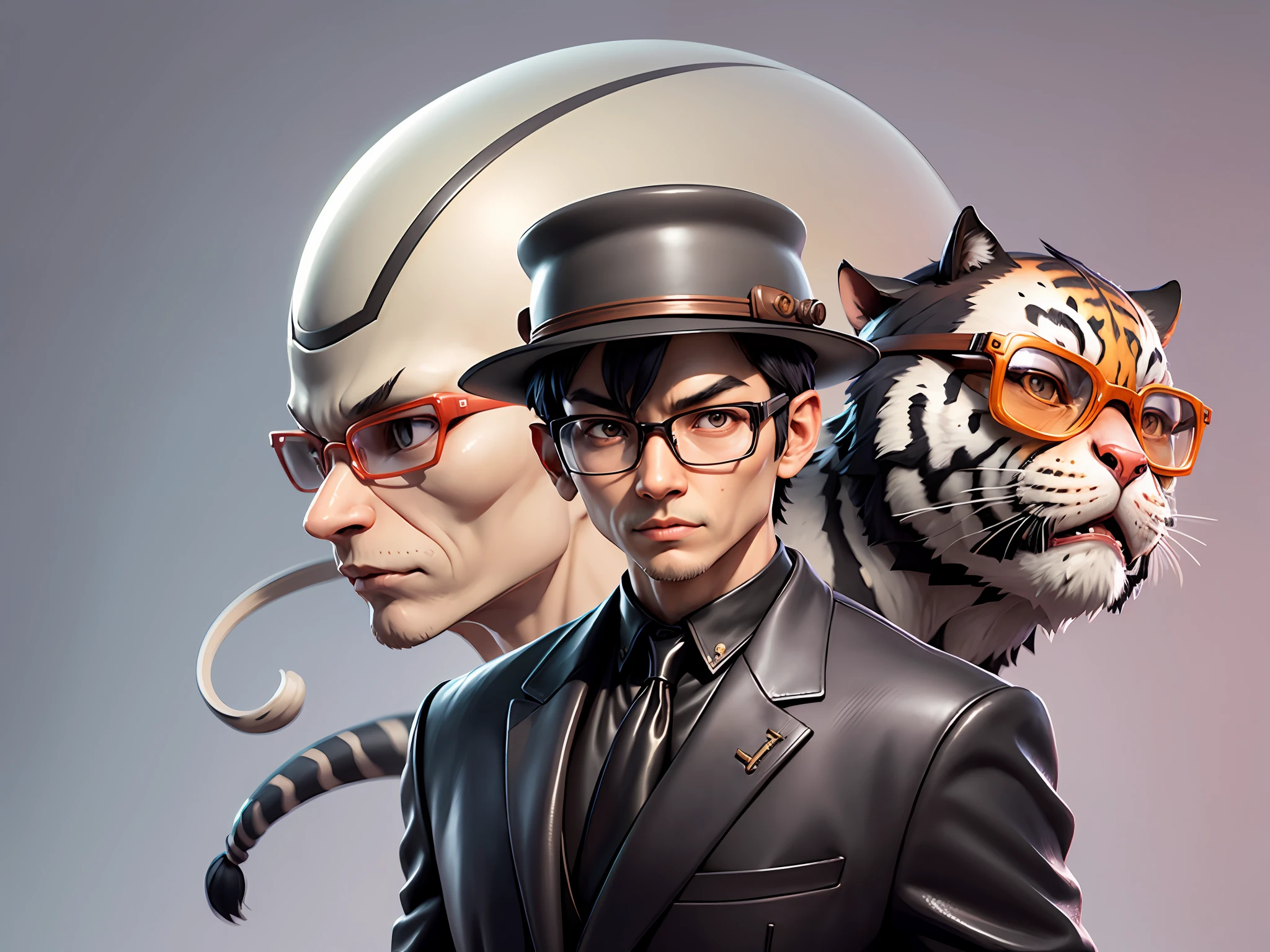 Young man with oriental face in leather hat, tiger, oriental face in formal suit, short black hair, silver glasses, digital painting, 3D character design by Mark Clairedon and Pixar and Hayao Miyazaki and Akira Toriyama, the illustration is a high-definition illustration in 4K resolution with very detailed facial features and cartoon-style visuals.