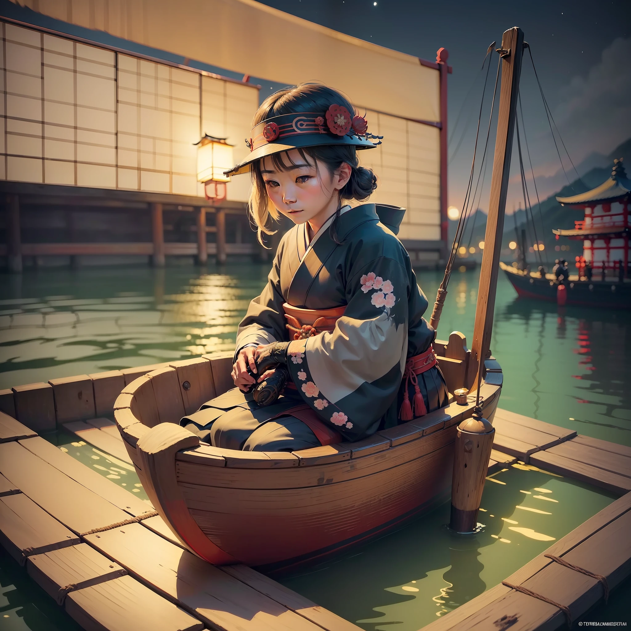 ((Japanese culture)|(Japan):1.2), (medieval)|(ancient)|(old-fashioned:1.1) style, (grainy)|(gritty:1.2), ((1person)|(one person)|(human):1.3) on a (boat)|(ship),(night time)|(night),(water:0.9), (high detail)|(ultra-detailed:1.2), (best quality:1.1)|((masterpiece)|(best illustration:1.1)), and (beautiful)|(gorgeous)|(stunning)|(brilliant:1.2) image. --auto --s2