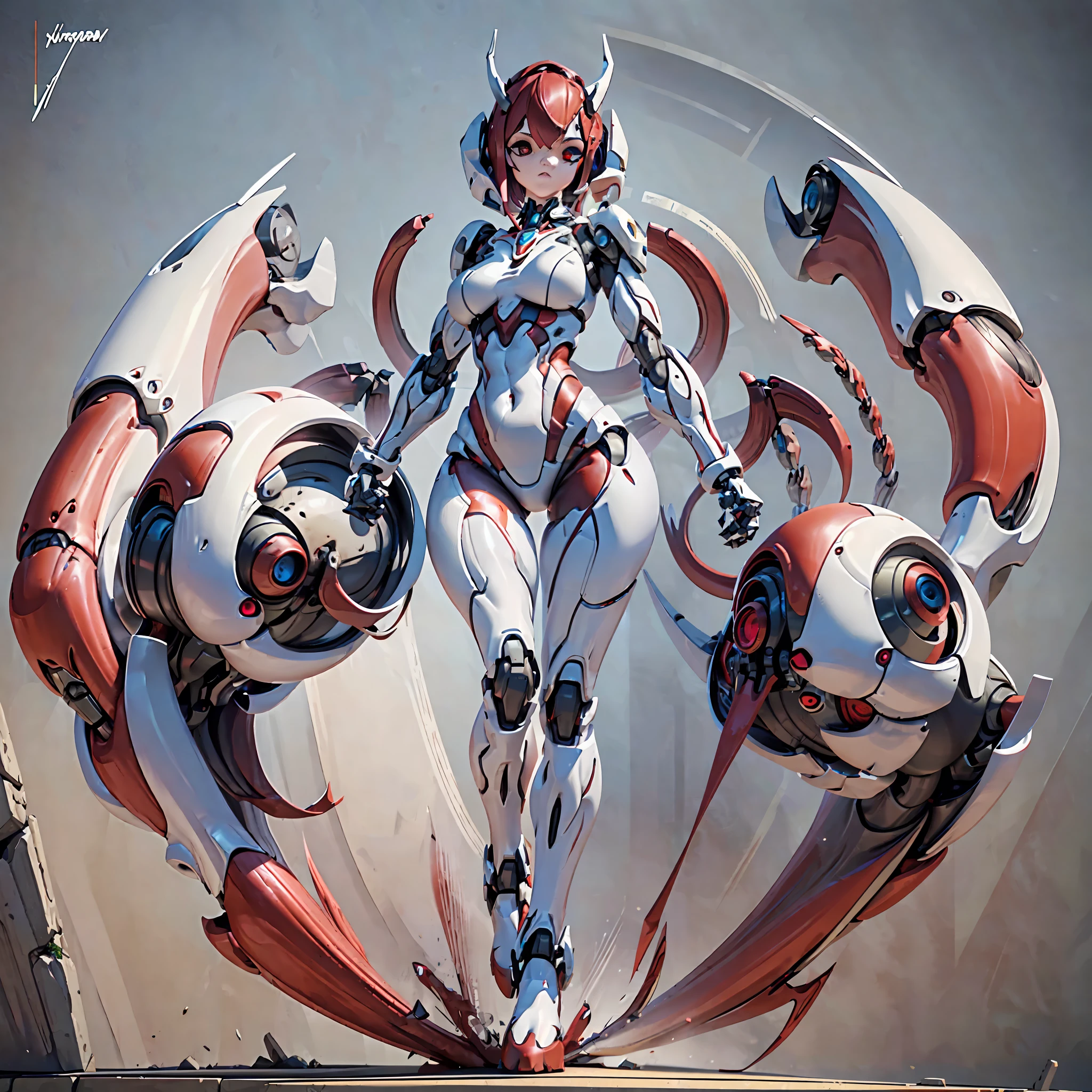 A young woman's armor with intoxicating curves, enchanting charm, and plump breasts, with a high degree of anthropomorphism, the armored body is a body with female human signs, the female human body is wearing a white one-piece rubber suit, the armor color is white, the armor surface is decorated with random symmetrical blue gemstones, the character's face is replaced with a mechanical face, the vivid mechanical face is cute, the head is wearing a mechanized red and white demon horn, the whole body of the mecha is parasitized by red mechanized octopus tentacles, the mechanical tentacles and the host body are perfectly integrated, The mechanical tentacles are perfectly integrated with the host organ, the armor is randomly distributed symmetrically with obvious tentacle parasitic features, the clothing on the chest is replaced by the red three-point underwear formed by the mechanical tentacles wound, the white chest that exposes human signs, the clothes on the butt are replaced by red thongs formed by the winding of mechanical tentacles, the white lower abdomen that exposes human signs, there are no extra tentacles around the character, the armor stands to show his body, only one armor is rendered, there is no other armor in the picture, healthy, well-proportioned, natural, proportioned, Dynamic posture, human anatomy, correct proportions, smooth lines, two healthy arms, two well-proportioned legs, flexible fingers, stable gait, appropriate limb length, uniform muscle development, coordinated movements, correct range of motion for arm and leg joints, stable back, even leg spacing, balanced upper body posture, natural separation of legs, relaxed hip muscles, coordinated contraction of leg muscles, healthy and flexible hands, well-proportioned and robust legs, suitable and comfortable high heels, good foot posture, Ergonomic hand design, stable support for feet, feet wearing mechanized high heels, suitable shoe size, sensitive finger joint movement, steady and steady st