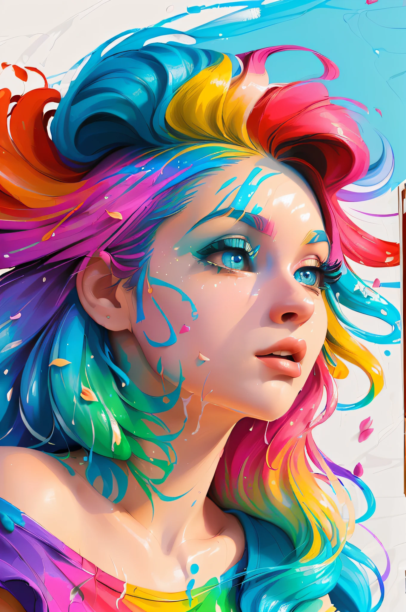 (Pink Fashion T-shirt:1.9),(Colorful hair: 1.8), (all the colours of the rainbow: 1.8),(((((vertical painting:1.6))), (painting:1.6),front, comics, illustrations, paintings, large eyes, crystal clear eyes,( rainbow color gradient high ponytail:1.7), exquisite makeup, closed mouth,(Small Fresh: 1.5),(Wipe Chest: 1.6) ,long eyelashes, white off shoulder T-shirt, White Shoulder Shirt,looking at the audience, large watery eyes, (rainbow colored hair:1.6), color splash, (solo:1.8), color splash, color explosion, thick paint style, messy lines, ((shining)),(colorful), (colorful), (colorful), colorful, Thick Paint Style, (Splash) (Color Splash), Vertical Painting, Upper Body, Paint Splash, Acrylic Pigment, Gradient, Paint, Highest Image Quality, Highest Quality, Masterpiece, Solo, Depth of Field, Face Paint, colorful clothes, (Elegant: 1.2), gorgeous,long hair, wind, (Elegant: 1.3), (Petals: 1.4),(((masterpiece))),(((best quality))),((ultra-detailed)),(illustration),(dynamic angle),((floating)),(paint),((disheveled hair)),(solo),(1girl) , (((detailed anima face))),((beautiful detailed face)),collar,bare shoulders,white hair, ((colorful hair)),((streaked hair)),beautiful detailed eyes,(Gradient color eyes),(((colorful eyes))),(((colorful background))),(((high saturation))),(((surrounded by colorful splashes))),