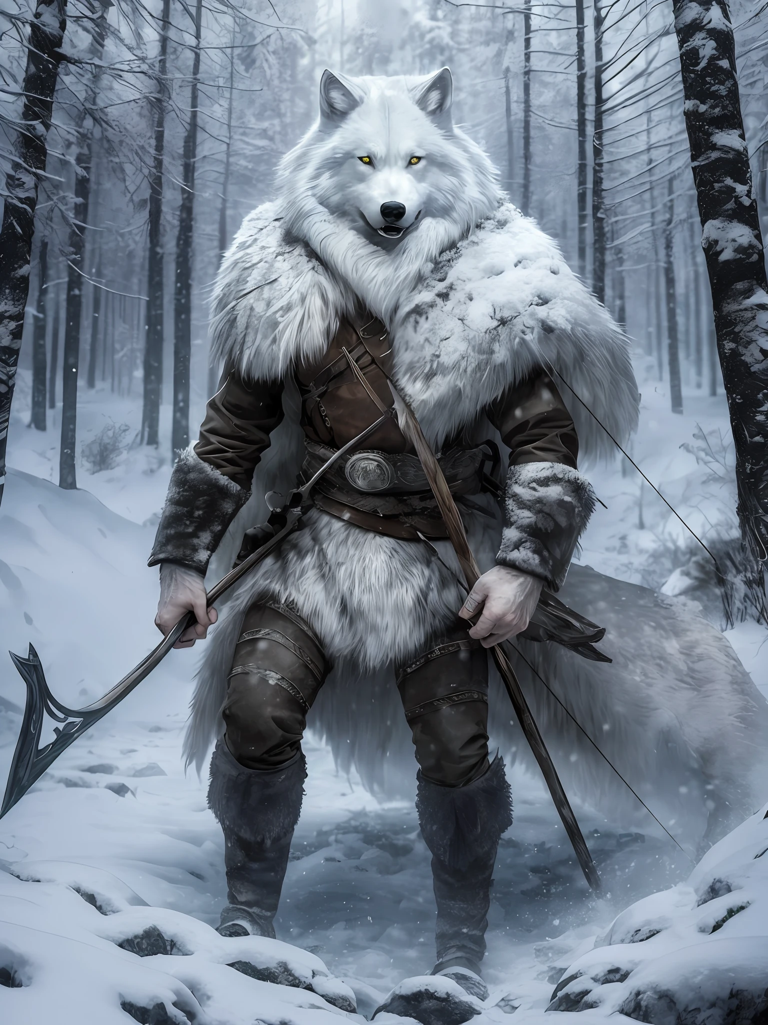 The winter forest is taken over by an atmospheric and intense atmosphere when the 48-year-old hunter man enters the scene. His white wolf outfit symbolizes his connection to the wild environment, while his expressive and angry gaze evokes a feeling of strong strength. His black hair contrasts with the cold, desolate landscape as he wields a bow and arrow masterfully. The image is a realistic and highly detailed depiction, creating an immersive atmosphere that captures the essence of wild winter --auto --s2