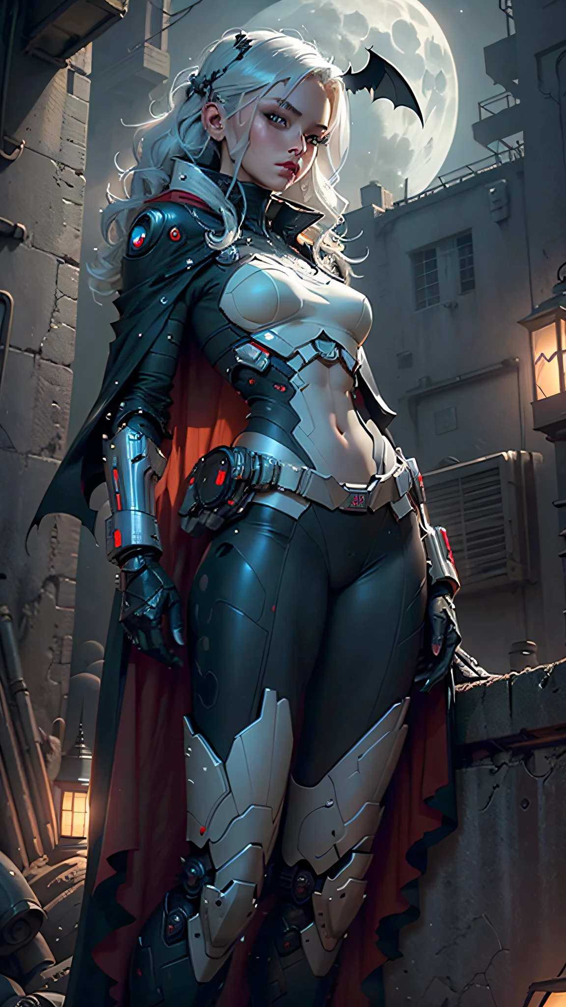 High definition (4k), Beautiful woman detailed defined body, silver hair, full body sexy pose wearing batman cosplay, medium breasts, high tech red uniform, cyberpunk, futuristic, scenery with night sky with clouds, moon, bats, technological future, robots of ata technology, red and black cape,
