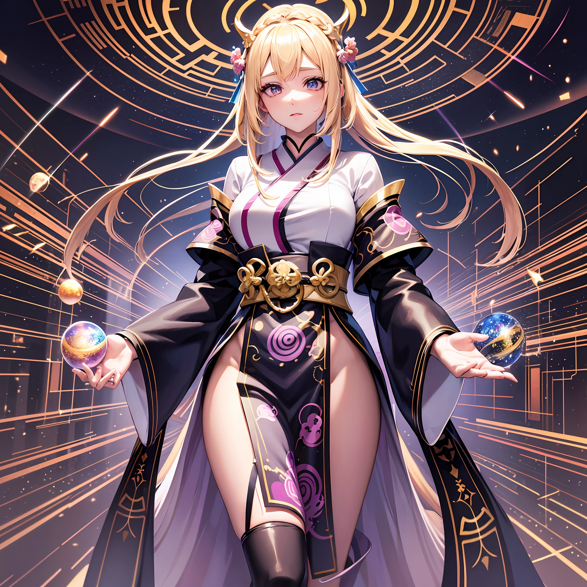 very beautiful cool shinto priest, anime, manga, illustration, fantasy, blonde glossy flowing layered long bob cut, french braid, sparkling glossy pink big eyes, slender, full body, background galaxy brilliant magic circle, give off rainbow and gold neon light many lines radially from floor and ceiling, high resolution, best quality, very high image quality, ultra detailed, hyper realistic --auto --s2