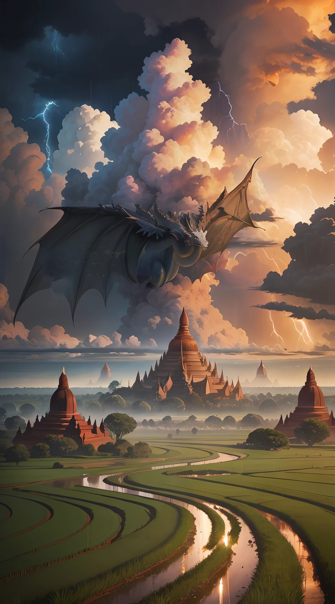 there is a dragon flying over a field with a river, symmetrical epic fantasy art, dragon in the sky, epic fantasy illustration, by Kerembeyit, epic fantasy sci fi illustration, 4k fantasy art, dragons flying in the sky, detailed fantasy art, epic dragon, epic fantasy novel cover art, dragon flying in sky, giant dragon flying in the sky