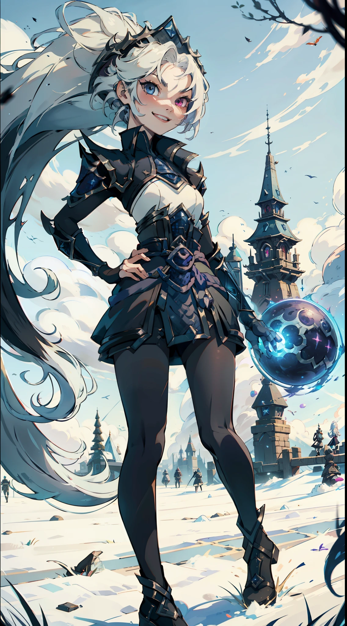 League of Legends, Zoe, 1 girl, heterochromia, heterochromia, short skirt, black dress, pantyhose, very long hair, fingerless gloves, smile, shut up, upper body, Porter trait, short stature