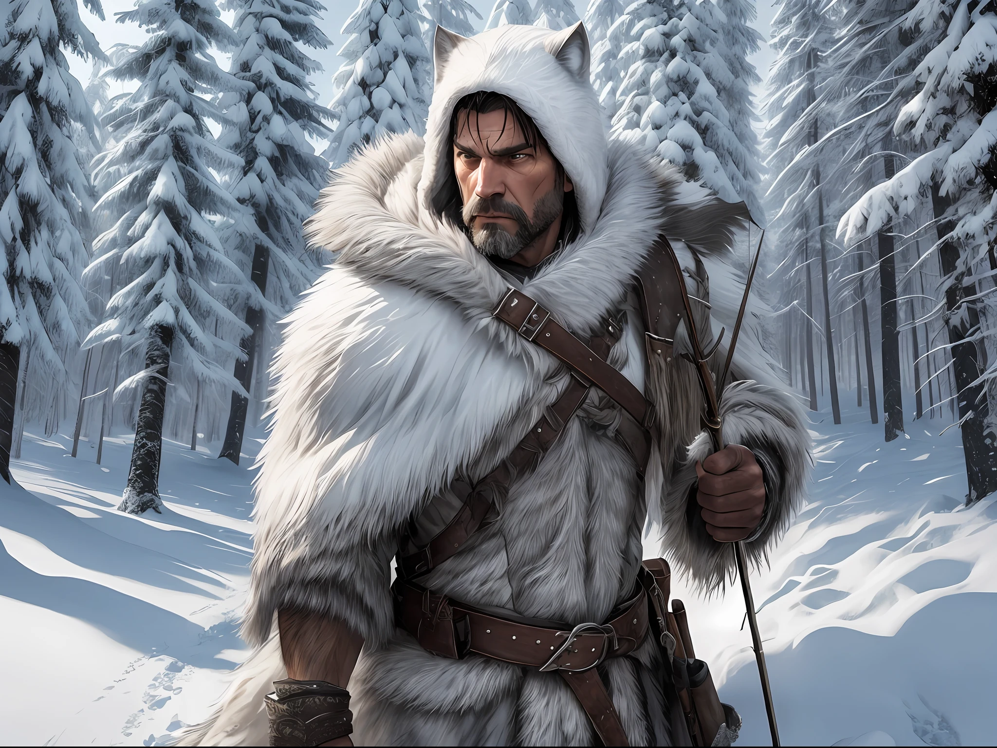 The winter forest is taken over by an atmospheric and intense atmosphere when the 48-year-old hunter man enters the scene. His white wolf outfit symbolizes his connection to the wild environment, while his expressive and angry gaze evokes a feeling of strong strength. His black hair contrasts with the cold, desolate landscape as he wields a bow and arrow masterfully. The image is a realistic and highly detailed depiction, creating an immersive atmosphere that captures the essence of wild winter --auto --s2