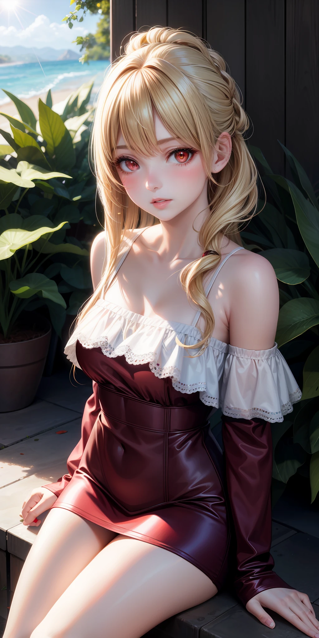 realistic, girl single, blonde, red eyes, glowing eyes, parted lips, blush, sun, sunlight, off-shoulder, sitting