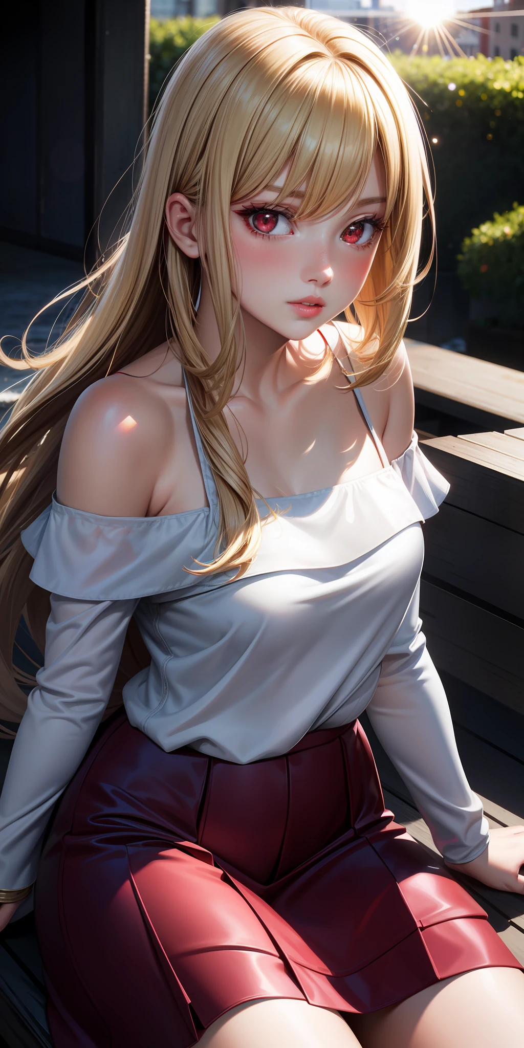 realistic, girl single, blonde, red eyes, glowing eyes, parted lips, blush, sun, sunlight, off-shoulder, sitting