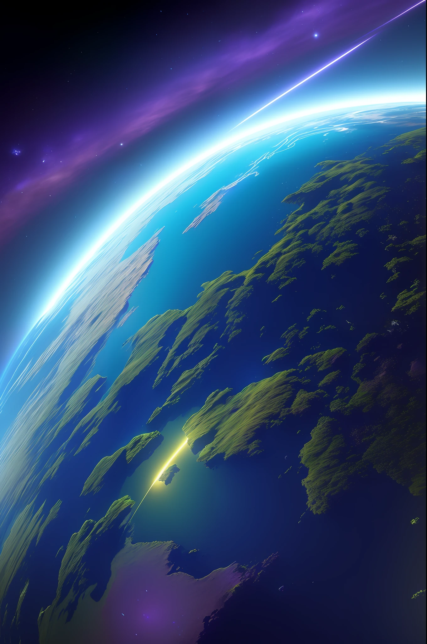 Planet from space, cosmic, purple, land, ocean, alien, solar system, colorful, fruitful, habitable, alien land, purple oceans, ice, birds, planet light years away, big, exoplanet, 8K resolution, ultra detailed,  Fantasy vibe, centered, dreamlike, intricate detail,  Cinematic Lightning, Unreal Engine, Realistic, Photorealistic, Hyper-detailed, insane details, Super-Resolution, Megapixel, FKAA, TXAA, RTX, SSAO, Post Processing