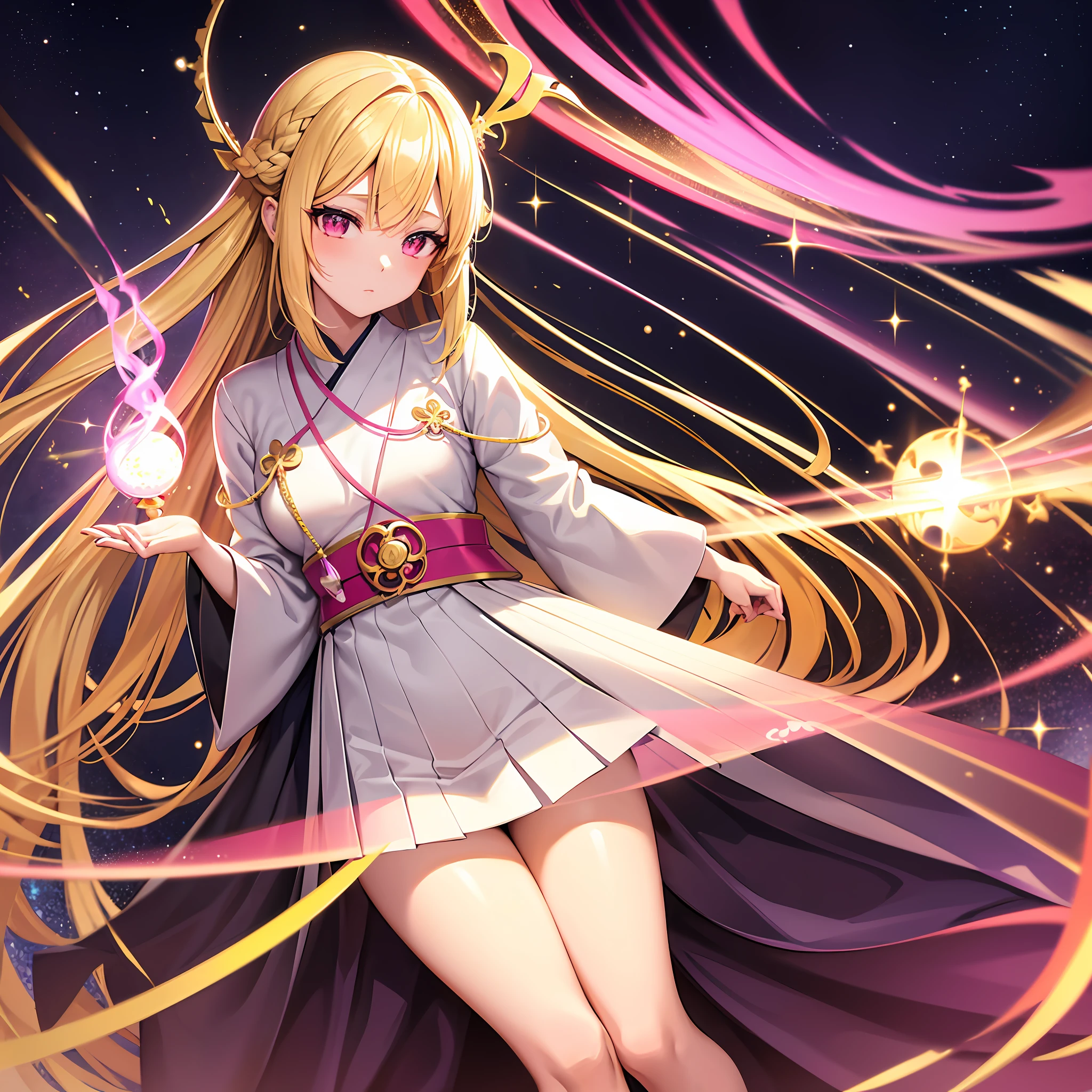 very beautiful cool shinto priest, anime, manga, illustration, fantasy, blonde glossy flowing layered long bob cut, french braid, sparkling glossy pink big eyes, slender, full body, background galaxy brilliant magic circle, give off rainbow and gold neon light many thin lines floor and ceiling, high resolution, best quality, very high image quality, ultra detailed, hyper realistic