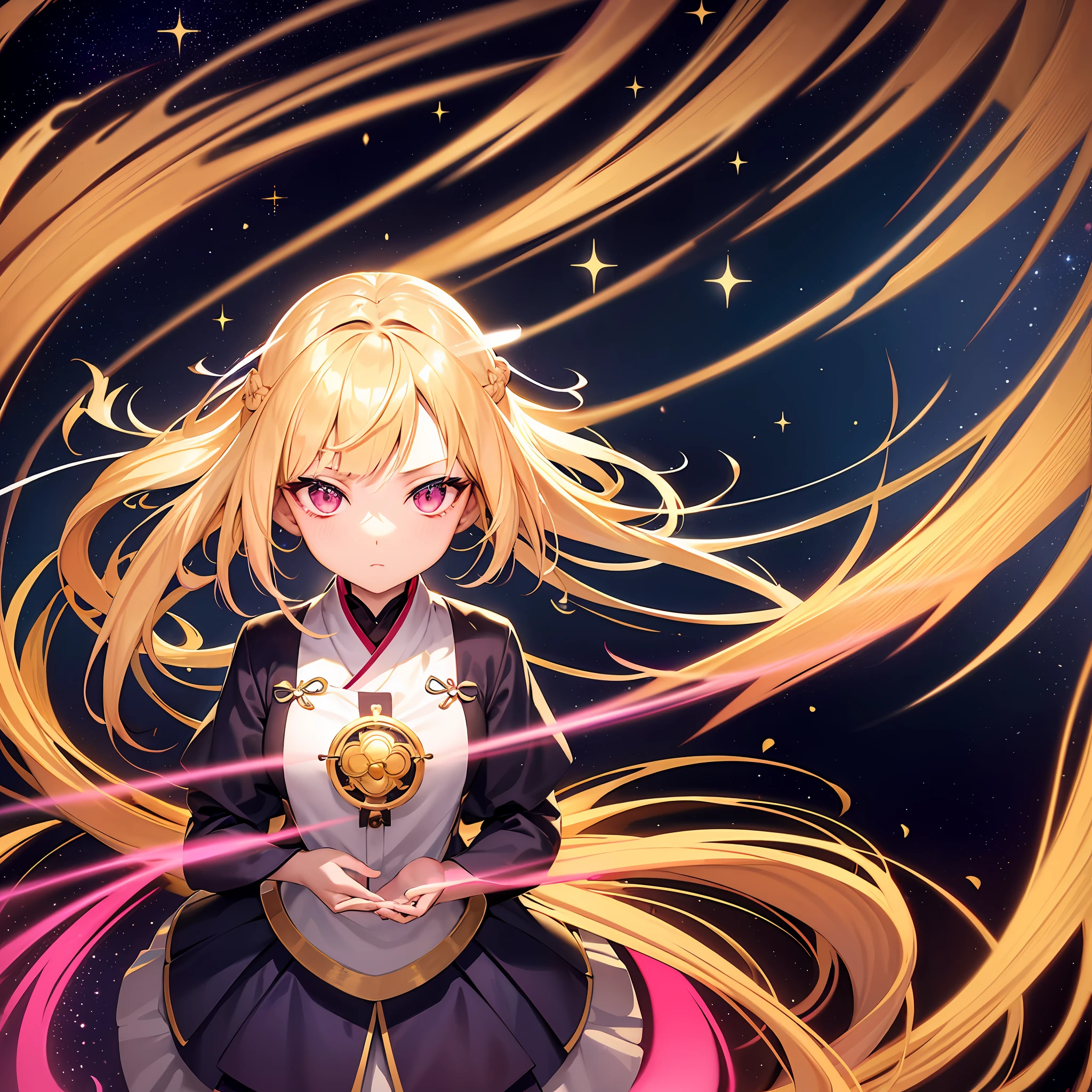 very beautiful cool shinto priest, anime, manga, illustration, fantasy, blonde glossy flowing layered long bob cut, french braid, sparkling glossy pink big eyes, slender, full body, background galaxy brilliant magic circle, give off rainbow and gold neon light many thin lines floor and ceiling, high resolution, best quality, very high image quality, ultra detailed, hyper realistic