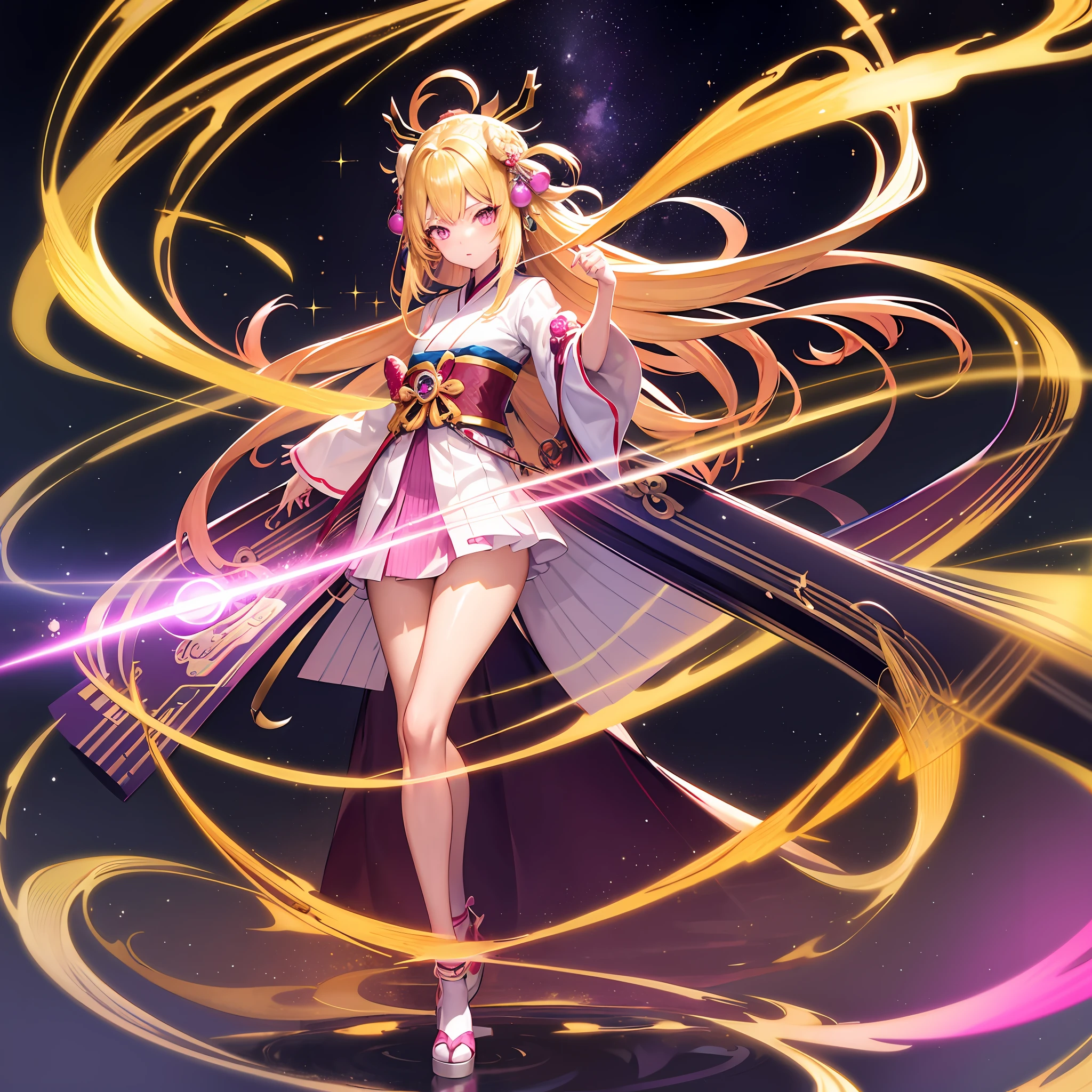 very beautiful cool shinto priest, anime, manga, illustration, fantasy, blonde glossy flowing layered long bob cut, french braid, sparkling glossy pink big eyes, slender, full body, background galaxy brilliant magic circle, give off rainbow and gold neon light many thin lines floor and ceiling, high resolution, best quality, very high image quality, ultra detailed, hyper realistic