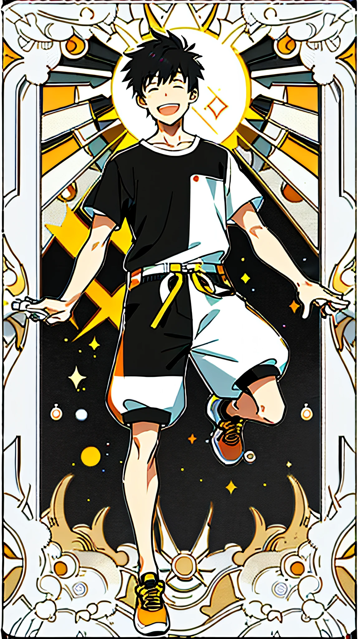 masterpiece, best quality, full body, card, 1 man, the sun, happy, laugh, short hair, black hair, brush cut, white shirt, standing, white, light, music, art, yellow, orange, black, buzz cut, bara, street style, white t-shirt, short pant, sport, center, man