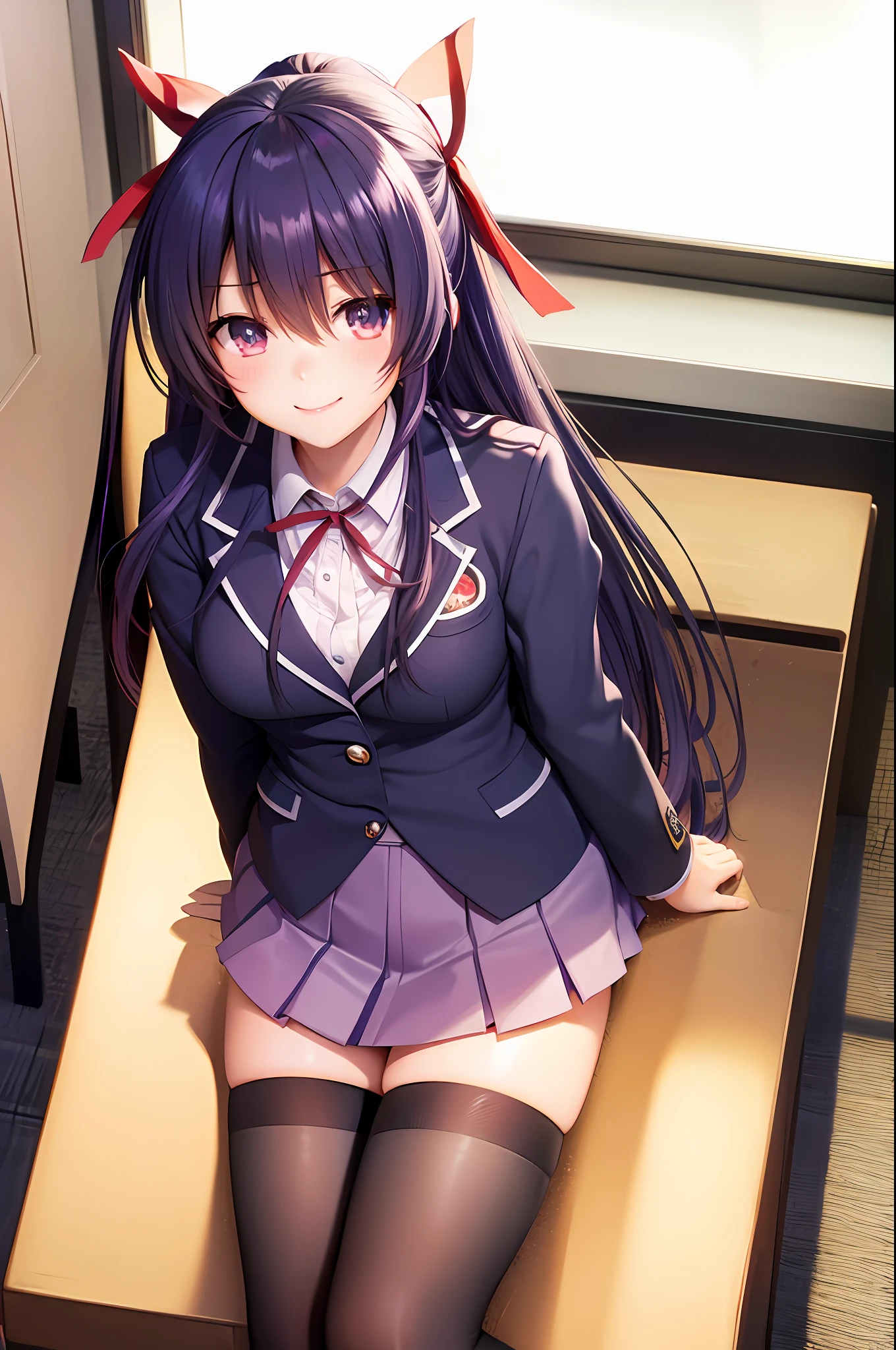 Yatogami tohka, school uniform, blazer, cleavage, medium breasts, best quality, long hair, pony tail, red ribbon hair, masterpiece, highres, best quality, blush, smile shy, sexy pose, indoor, chair, classroom, window, pleated skirt, stocking, thighhigh,