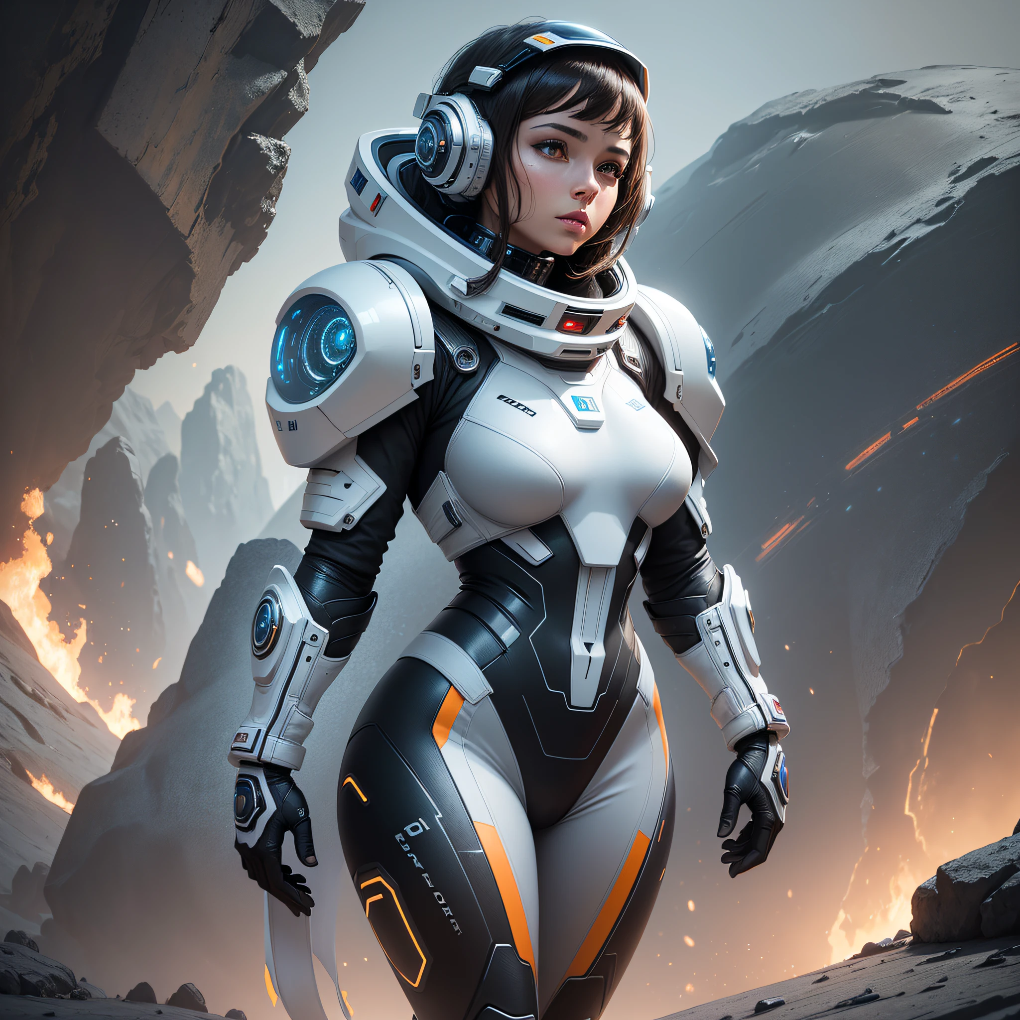 (full body), dark background, black backgorund, (RAW photo, best quality), (realistic, photo-realistic:1.3), best quality, highly detailed, masterpiece, ultra-detailed, Rembrandt light, Arad woman in spacesuit, black background, beautiful woman in spacesuit, white futuristic armor, sci-fi spacesuit, Portrait armored astronaut girl, cinematic color, cinematic style, futuristic spacesuit, sci-fi robot woman, interstellar spacesuit, beautiful and seductive female cyborg, sci-fi suit, sci-fi suit, wearing futuristic space gear,
