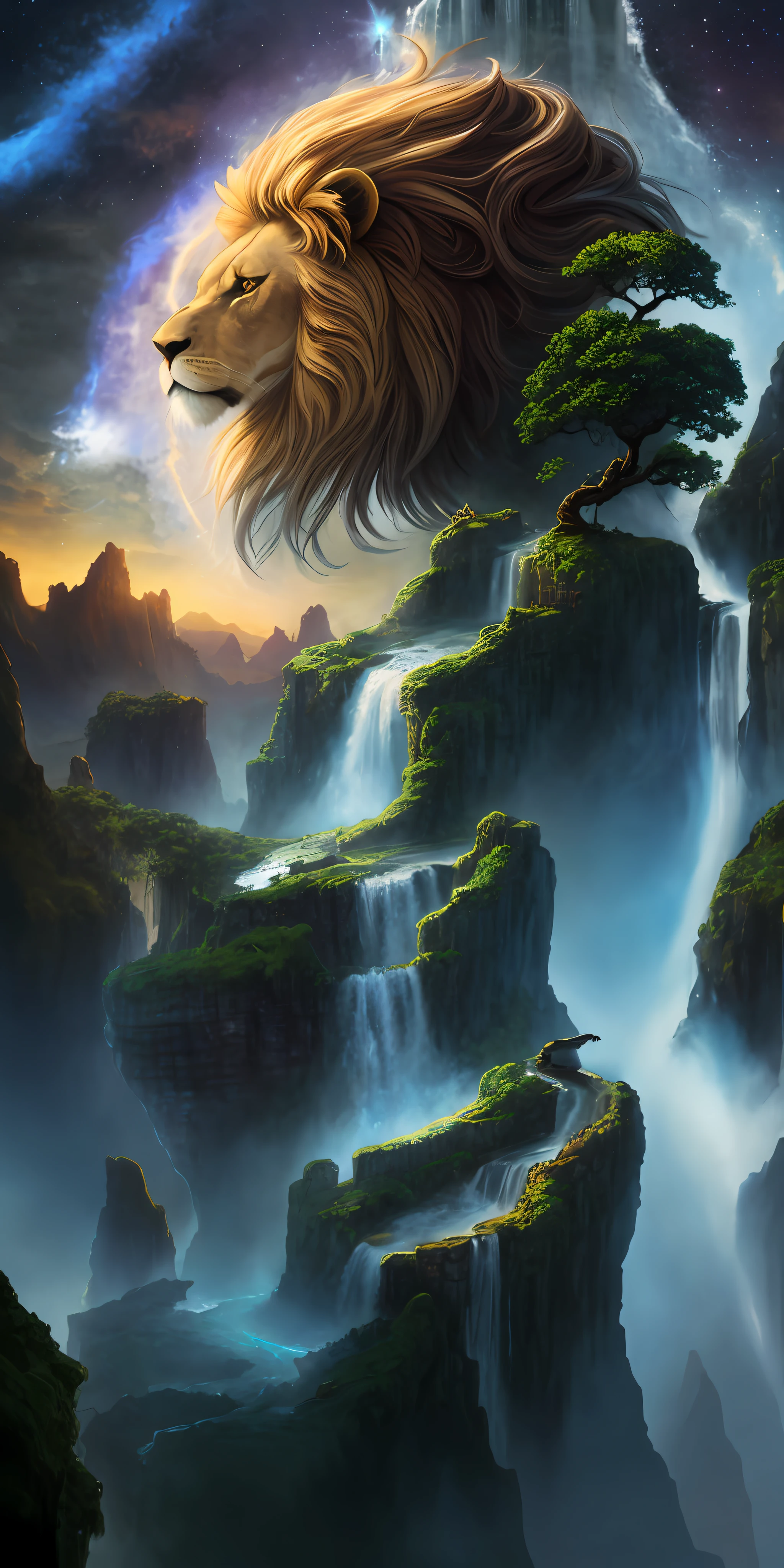 painting of a lion on a cliff with a waterfall in the background, 4k fantasy art, wide angle fantasy art, fantasy matte painting，cute, breathtaking fantasy art, realistic fantasy illustration, 8k fantasy art, detailed fantasy digital art, fantasy digital art, digital art fantasy art, fantasy epic digital art, fantasy digital painting, fantasy art behance