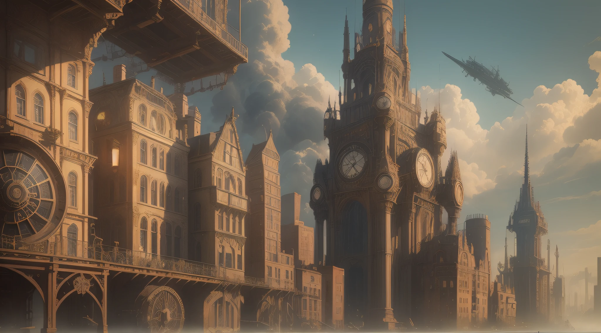 Design an immersive wallpaper that transports viewers to a magical steampunk world. Picture a city suspended in the sky, a bustling metropolis filled with Victorian-inspired architecture and fantastical airships floating between towering clockwork spires. Create an intricate and intricate landscape that combines elements of both the past and the future. Let gears, cogs, and steam-powered machinery be seamlessly integrated into the cityscape, adding a touch of mechanical marvel to the scene.

Incorporate a diverse cast of steampunk characters, from daring inventors and adventurers to elegant ladies and eccentric scientists. Each character should have their own unique steampunk gadgets and attire, showcasing their individuality and flair. Highlight the spirit of exploration and innovation by showing characters using their inventions or embarking on thrilling airship voyages.

Use a rich color palette with a blend of warm, vintage tones and hints of metallic sheen to evoke the nostalgic charm of the steampunk era. Experiment with lighting and shadows to add depth and drama to the wallpaper, as sunlight pierces through the cloud-covered cityscape.

Consider including subtle nods to famous steampunk references, such as nods to Jules Verne or H.G. Wells, to engage enthusiasts of the genre.

The aim is to create a visually captivating wallpaper that sparks curiosity and ignites the viewer's imagination, inviting them to explore the limitless possibilities of this fantastical steampunk world. Let your creativity flow freely and embrace the intricate details that make steampunk such an enthralling genre.