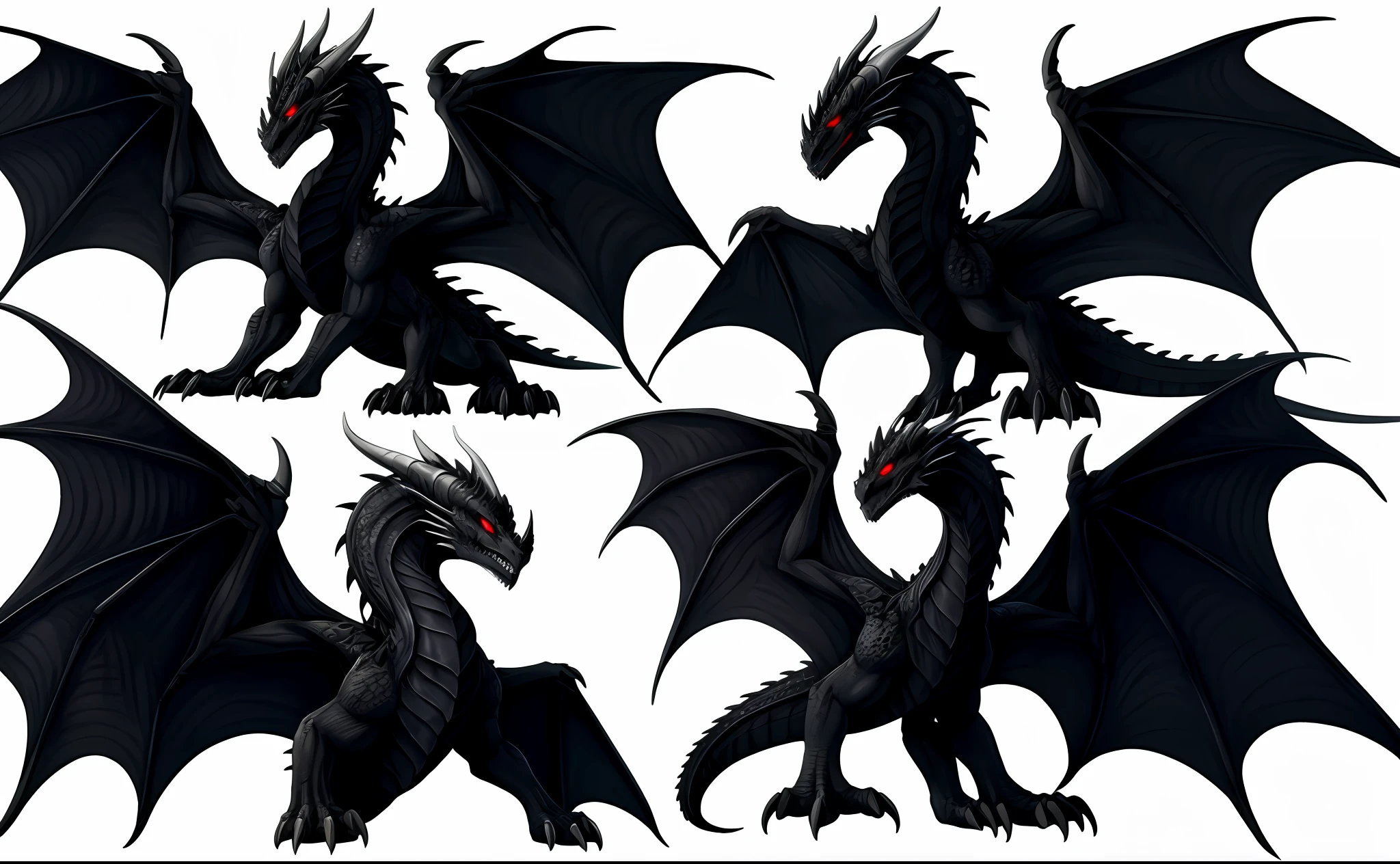 Ref sheet style. Dragon. Black scales. Wings. Grey underbelly. Four red, glowing eyes. Eyes are arranged in columns. One row of eyes on bottom, one row of eyes on top. Top row of eyes has white pupils. Slender. Powerful looking. Simple white background. Cel shaded. Simple art style.