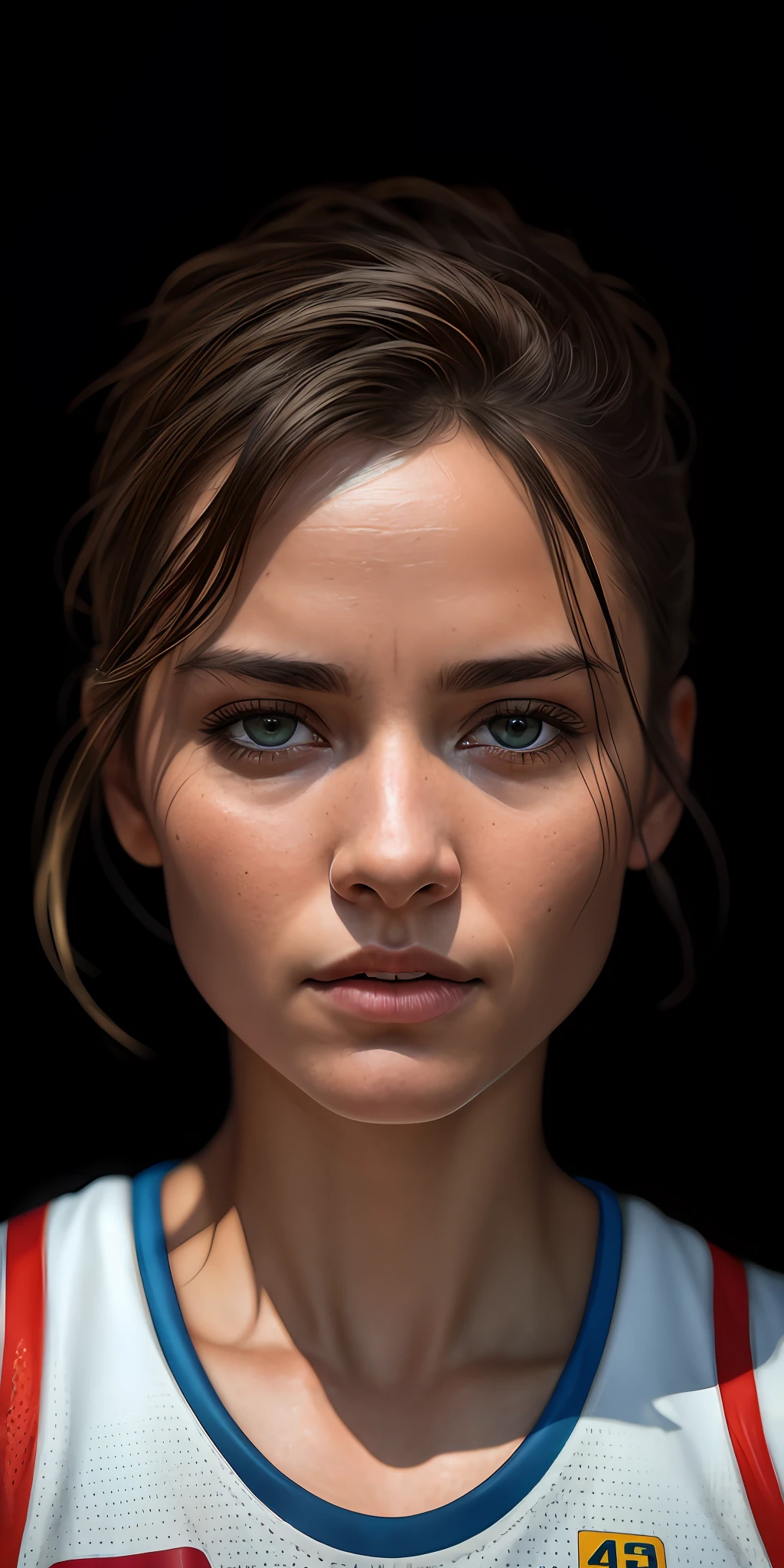 beautiful mature college girl, wearing basketball outfit, in basketball court, ((slim, petite)), photorealistic, photo, masterpiece, realistic, realism, photorealism, high contrast, photorealistic digital art trending on Artstation 8k HD high definition detailed realistic, detailed, skin texture, hyper detailed, realistic skin texture, armature, best quality, ultra high res, (photorealistic:1.4),, high resolution, detailed, raw photo, sharp re, by lee jeffries nikon d850 film stock photograph 4 kodak portra 400 camera f1.6 lens rich colors hyper realistic lifelike texture dramatic lighting unrealengine trending on artstation cinestill 800,