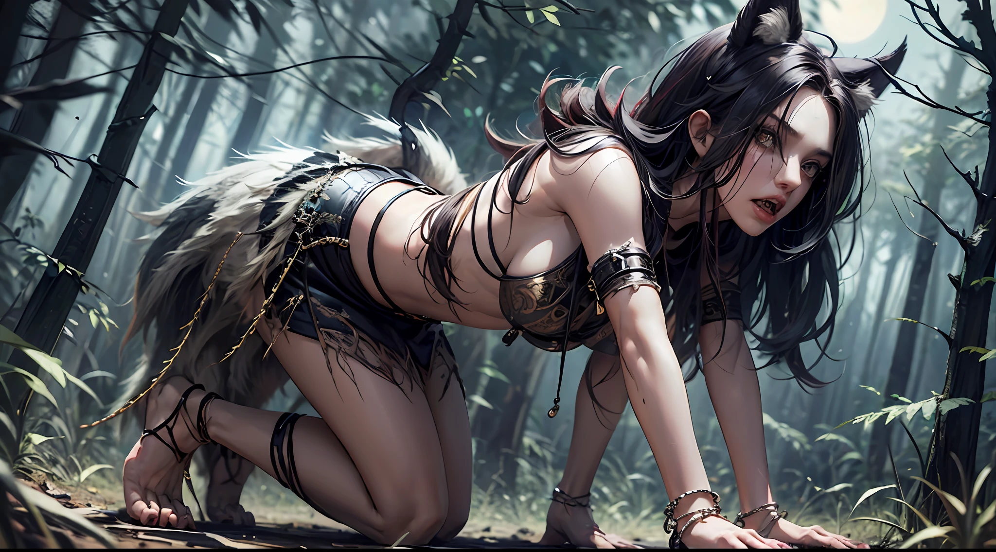 alluring young woman, transforming into a werewolf for the first time, on all fours, clothing ripping, snout teeth tail and claws pushing through her skin, in the forest, under a full moon, wolves watch from the distance, expression of pain and excitement --auto --s2