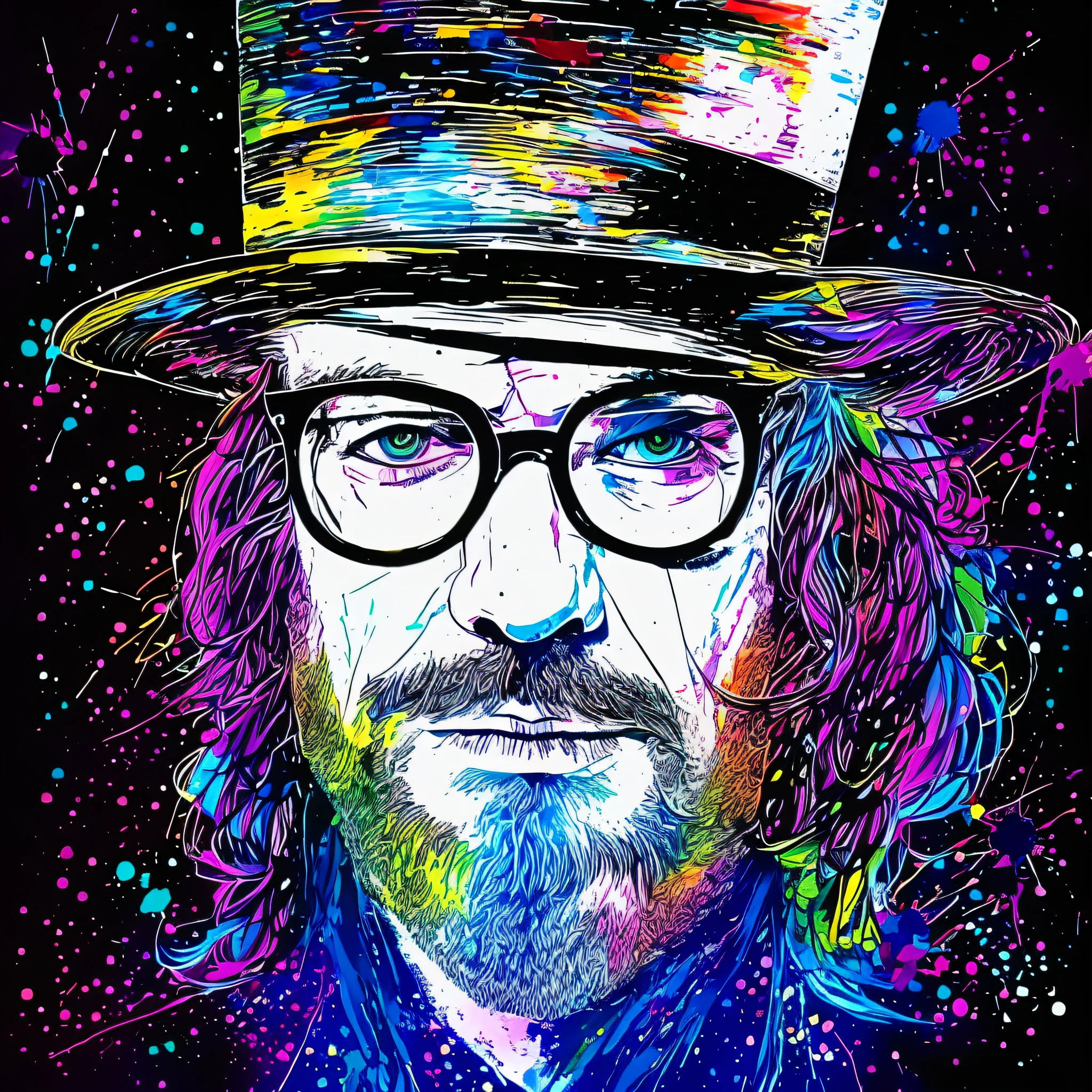 a paint splash art portrait of a man with rainbowshift hairs and glasses, Something