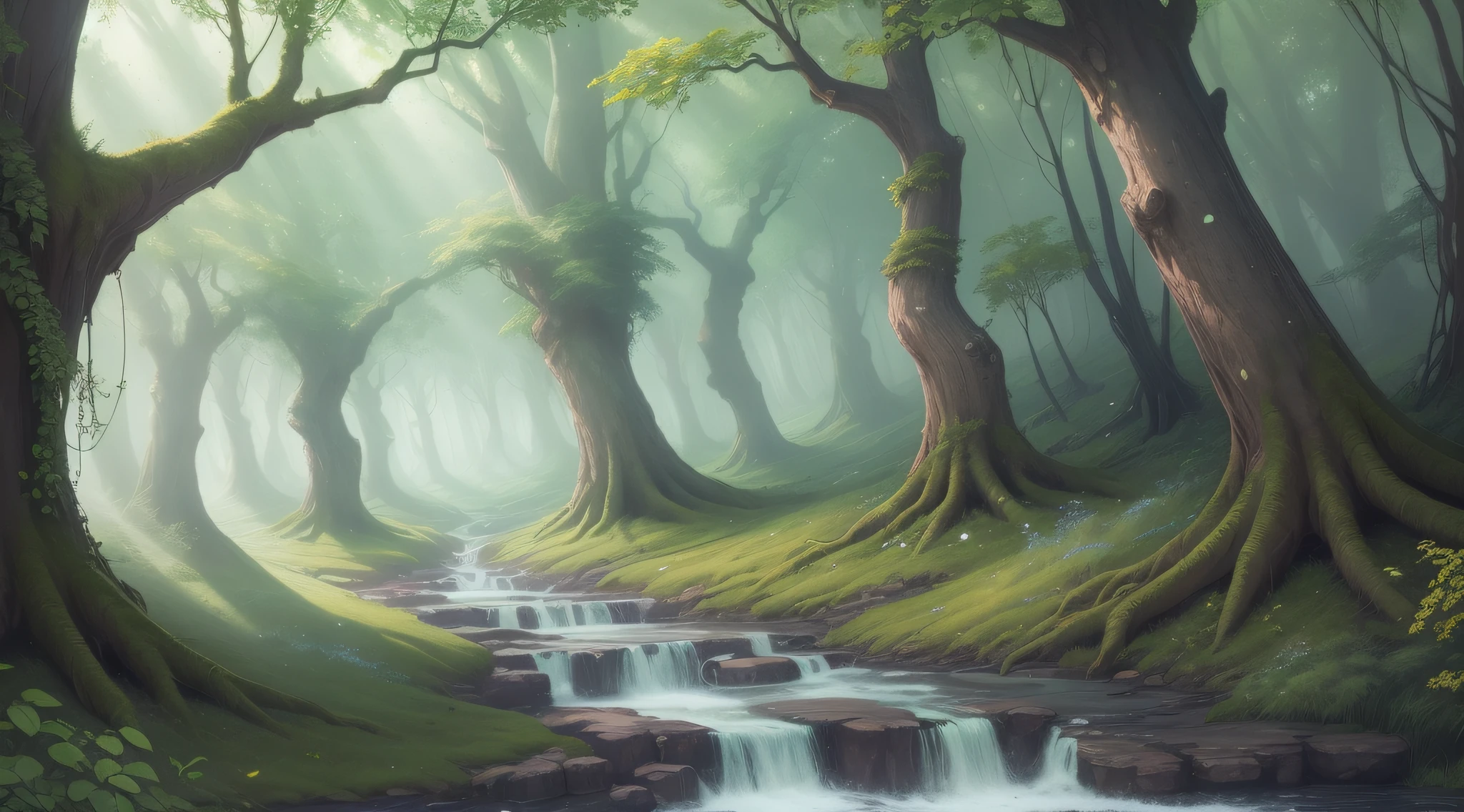 Design a captivating wallpaper that transports viewers to a lush and magical forest. Imagine an enchanting woodland filled with towering ancient trees, vibrant flowers, and whimsical creatures. Create a sense of depth and mystery by incorporating layers of foliage, with sunlight filtering through the canopy above. Add subtle details like sparkling dewdrops on leaves and ethereal mist floating through the air. Introduce fantastical elements, such as mischievous fairies hiding among the branches, or mystical creatures like unicorns or talking animals roaming the forest floor. Experiment with a color palette that evokes a sense of wonder, using rich greens, soft earth tones, and pops of vibrant hues. Consider incorporating hidden paths or winding streams, inviting viewers to imagine themselves exploring this magical realm. The wallpaper should inspire a sense of tranquility and spark the imagination, allowing anyone who beholds it to momentarily escape to a world of enchantment. Let your creativity roam free as you bring this mystical forest to life through your artistry.