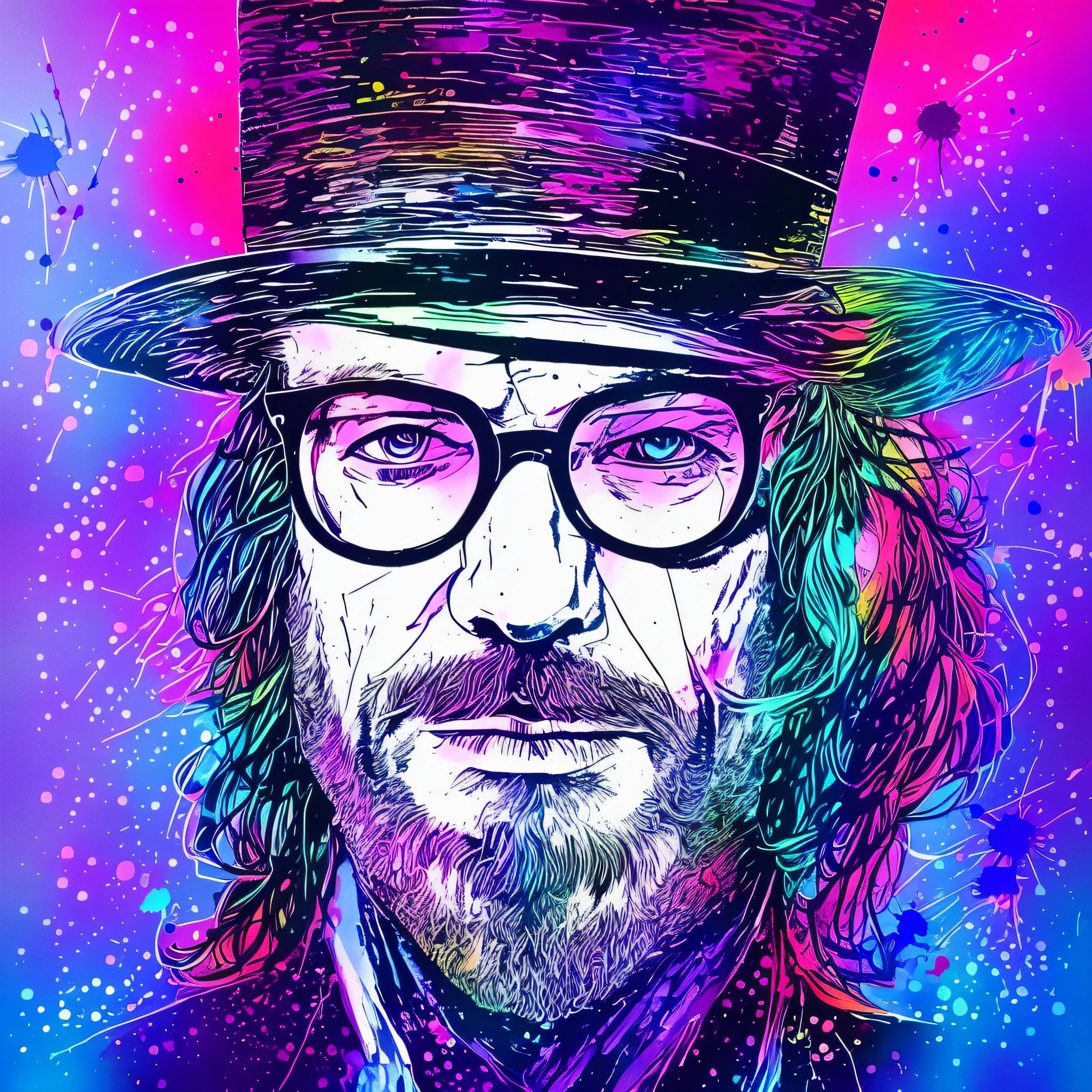 a paint splash art portrait of a man with rainbowshift hairs and glasses, Something