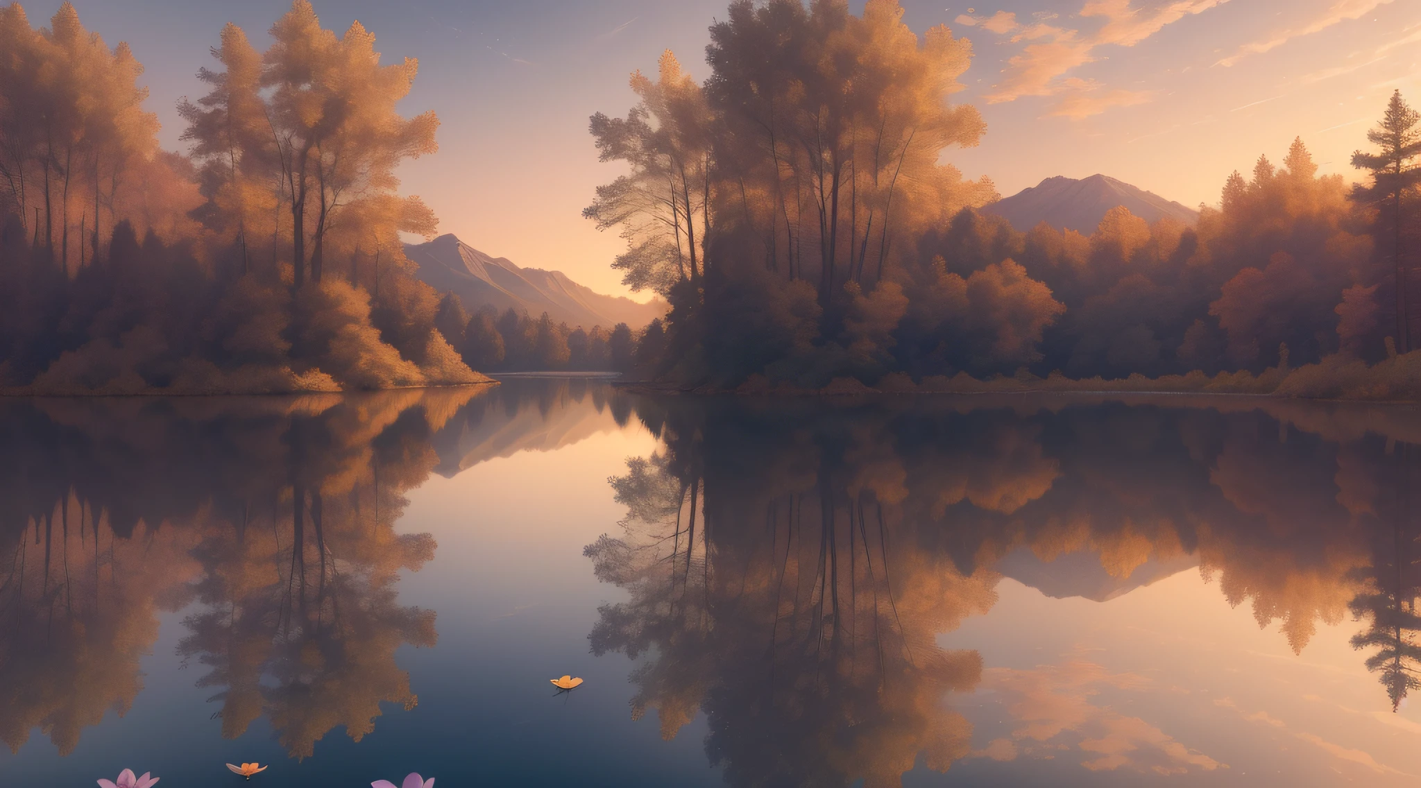 Create a mesmerizing wallpaper inspired by the concept of "reflection." Imagine a tranquil scene that showcases the beauty and depth of reflection in various forms. Begin by selecting a serene natural setting, such as a peaceful lake surrounded by lush trees or a serene mountain range reflected in a calm river. Pay attention to the lighting, capturing the soft hues of sunrise or the warm glow of sunset. Now, introduce elements that enhance the reflective nature of the wallpaper. Consider incorporating a mirrored surface, like a polished marble floor or a glassy pool, to create captivating visual symmetry. Experiment with the interplay of light and reflection, using ripples on the water or dappled sunlight through leaves to add texture and depth. To add an extra touch of intrigue, introduce unexpected elements that disrupt the reflection, like a lone flower floating on the water or a bird soaring across the mirrored sky. Play with colors, using a palette that harmonizes with the natural surroundings and emphasizes the ethereal quality of reflection. Ultimately, your goal is to create a wallpaper that captivates viewers, inviting them to pause and contemplate the beauty of the world and the intricate interplay between reality and its mirrored counterpart. Let your creativity flow as you design a mesmerizing wallpaper that celebrates the concept of reflection in all its breathtaking forms.