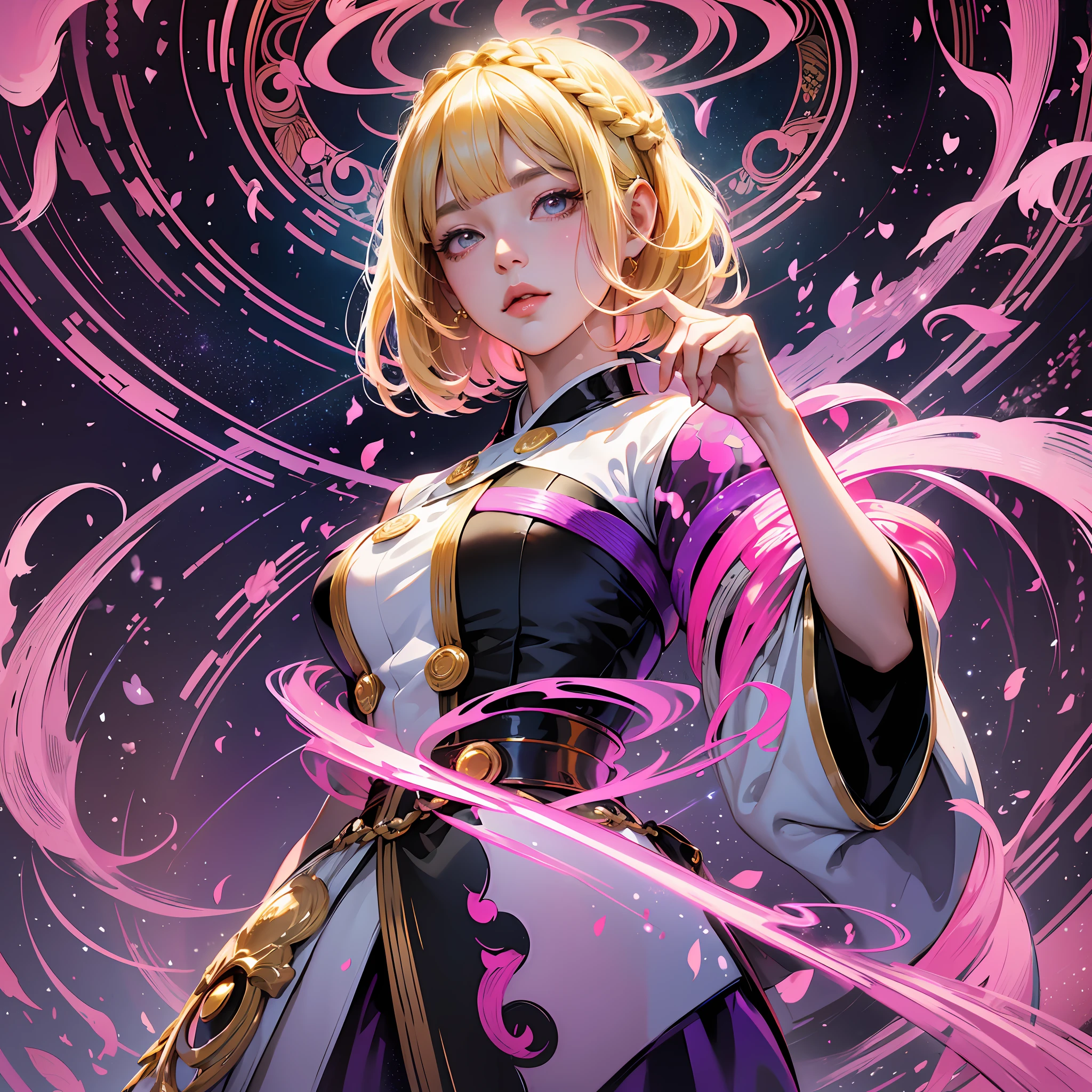 very beautiful cool shinto priest, anime, manga, illustration, fantasy, blonde glossy flowing layered long bob cut, french braid, sparkling glossy pink big eyes, slender, full body, background galaxy brilliant magic circle, give off rainbow and gold neon light many thin lines floor and ceiling, high resolution, best quality, very high image quality, ultra detailed, hyper realistic