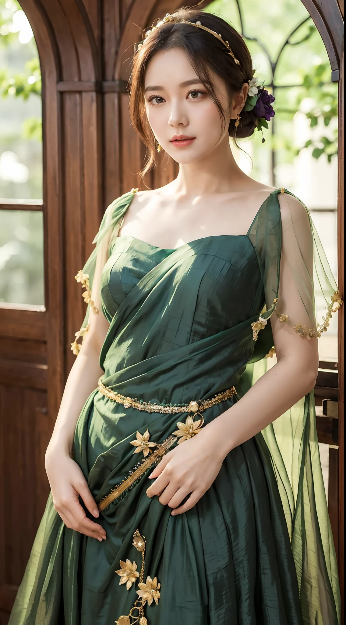 A gentle and lovely mature woman, beautiful face, double eyelids, pale green flower palace dress, covered with a layer of golden tulle, wide hem rusted purple patterns, three thousand green silk a little simply, the rest hung at the neck, and a small red gemstone hung from the forehead, which was just right.