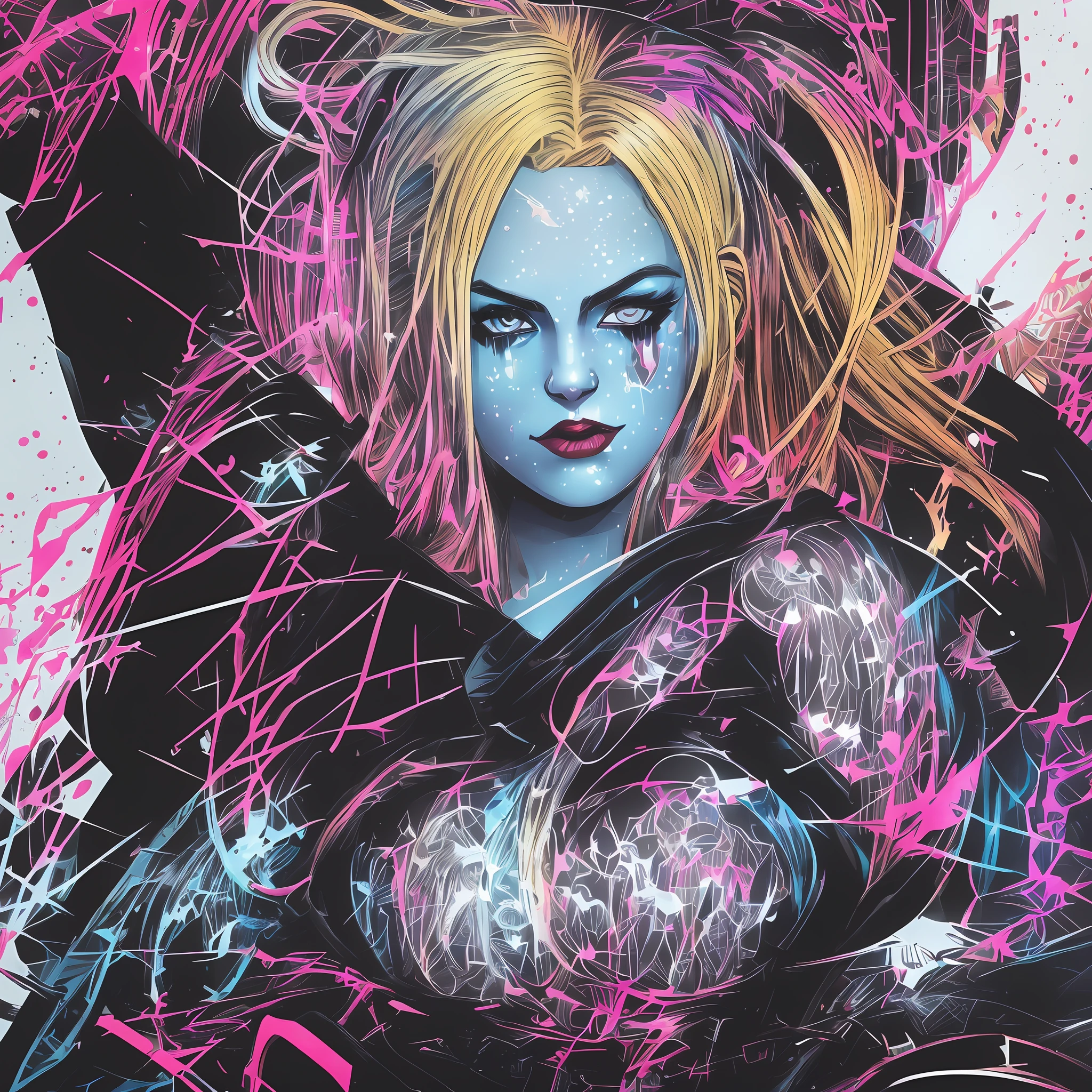 Harley Quinn, Cyberpunk female, fantasy world, dark background, clean design, epic instagram, artstation, colorful paint splatter, silhouette, hyper detailed intricate details, unreal engine, fantasy, intricate details, splash screen, complementary colors, Fantasy concept art, 8k resolution, deviantart masterpiece, oil painting, heavy strokes, paint dripping, (isolated on white background: 1.3), rainbow skin, (((handsome young woman))), ((teenage:1.5) ), (glowing blue eyes), ((light eyes)), ((((long blonde hair: 1.1))), ((red and blue clothes)), (princess\\(indifferent expression\\),, ( ((Wears high detail luxurious black robe))), blonde hair, (large chest) --auto --v 6 --s2