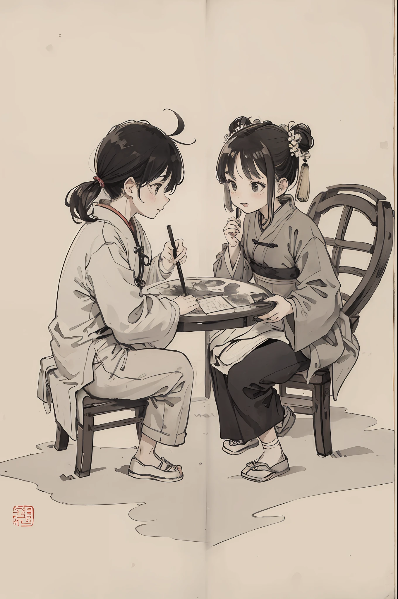 (masterpiece, best quality: 1.2), traditional Chinese ink painting, two