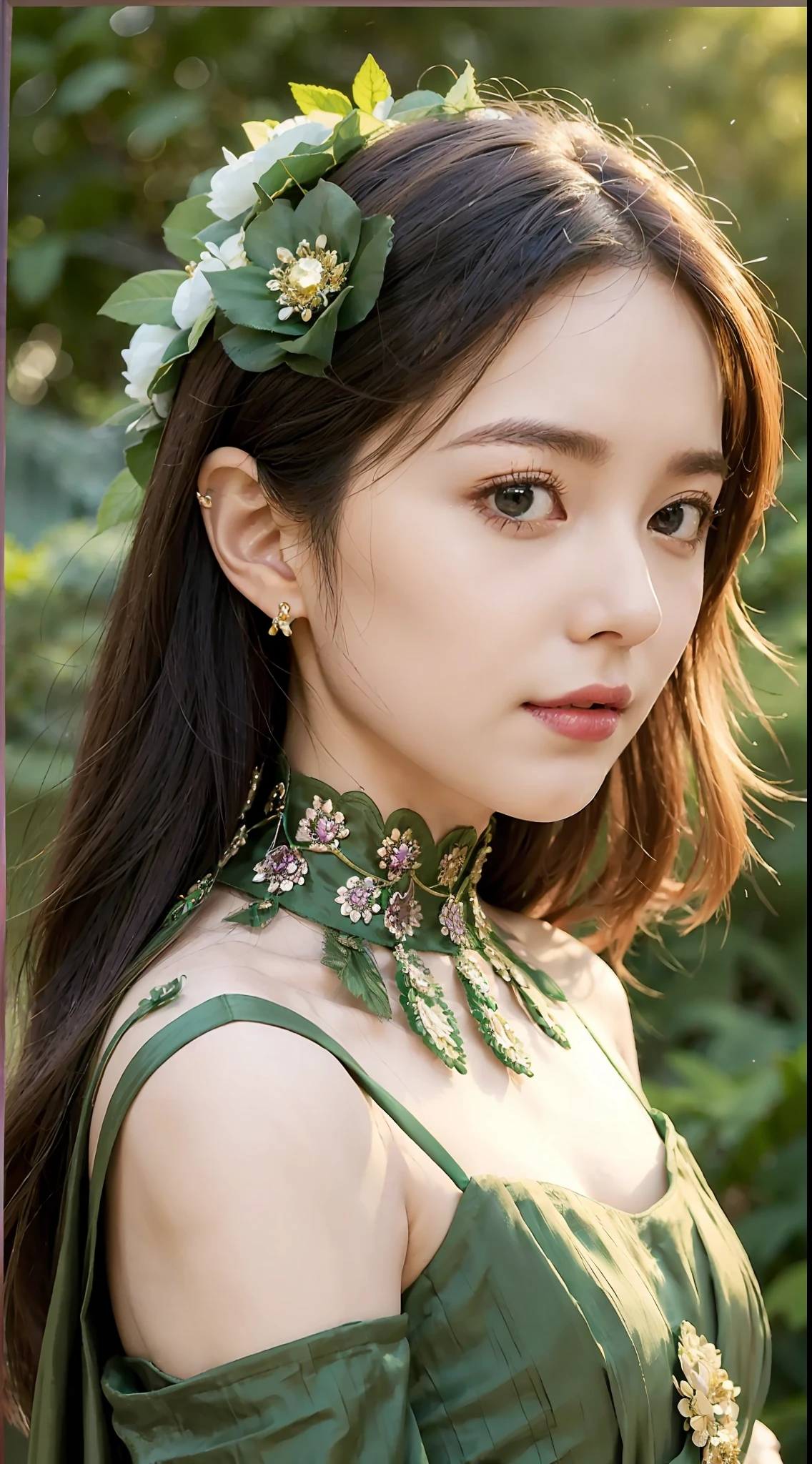 A gentle and lovely mature woman, beautiful face, double eyelids, pale green flower palace dress, covered with a layer of golden tulle, wide hem rusted purple patterns, three thousand green silk a little simply, the rest hung at the neck, and a small red gemstone hung from the forehead, which was just right.