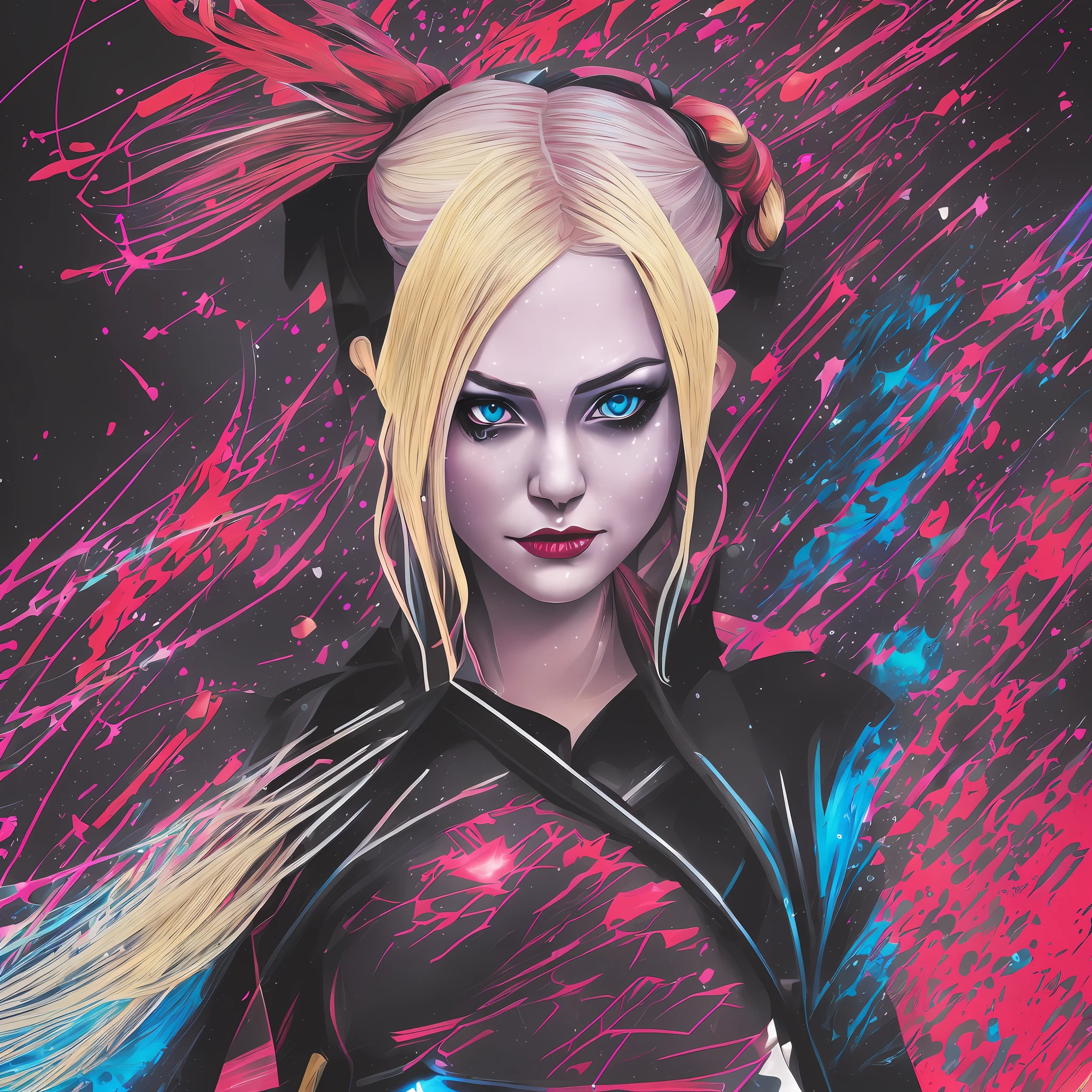 Harley Quinn, Cyberpunk female, fantasy world, dark background, clean design, epic instagram, artstation, colorful paint splatter, silhouette, hyper detailed intricate details, unreal engine, fantasy, intricate details, splash screen, complementary colors, Fantasy concept art, 8k resolution, deviantart masterpiece, oil painting, heavy strokes, paint dripping, (isolated on white background: 1.3), rainbow skin, (((handsome young woman))), ((age:1.5) ), (glowing blue eyes), ((light eyes)), ((((long blonde hair: 1.1))), ((red and blue clothes)), (princess\\(indifferent expression\\),, ( ((Wears high detail luxurious black robe))), blonde hair, (large chest) --auto --v 6 --s2