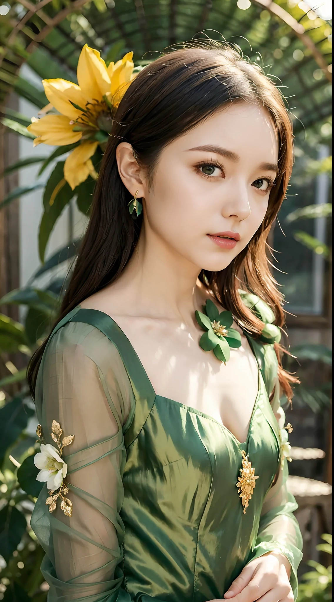 A gentle and lovely mature woman, beautiful face, double eyelids, pale green flower palace dress, covered with a layer of golden tulle, wide hem rusted purple patterns, three thousand green silk a little simply, the rest hung at the neck, and a small red gemstone hung from the forehead, which was just right.