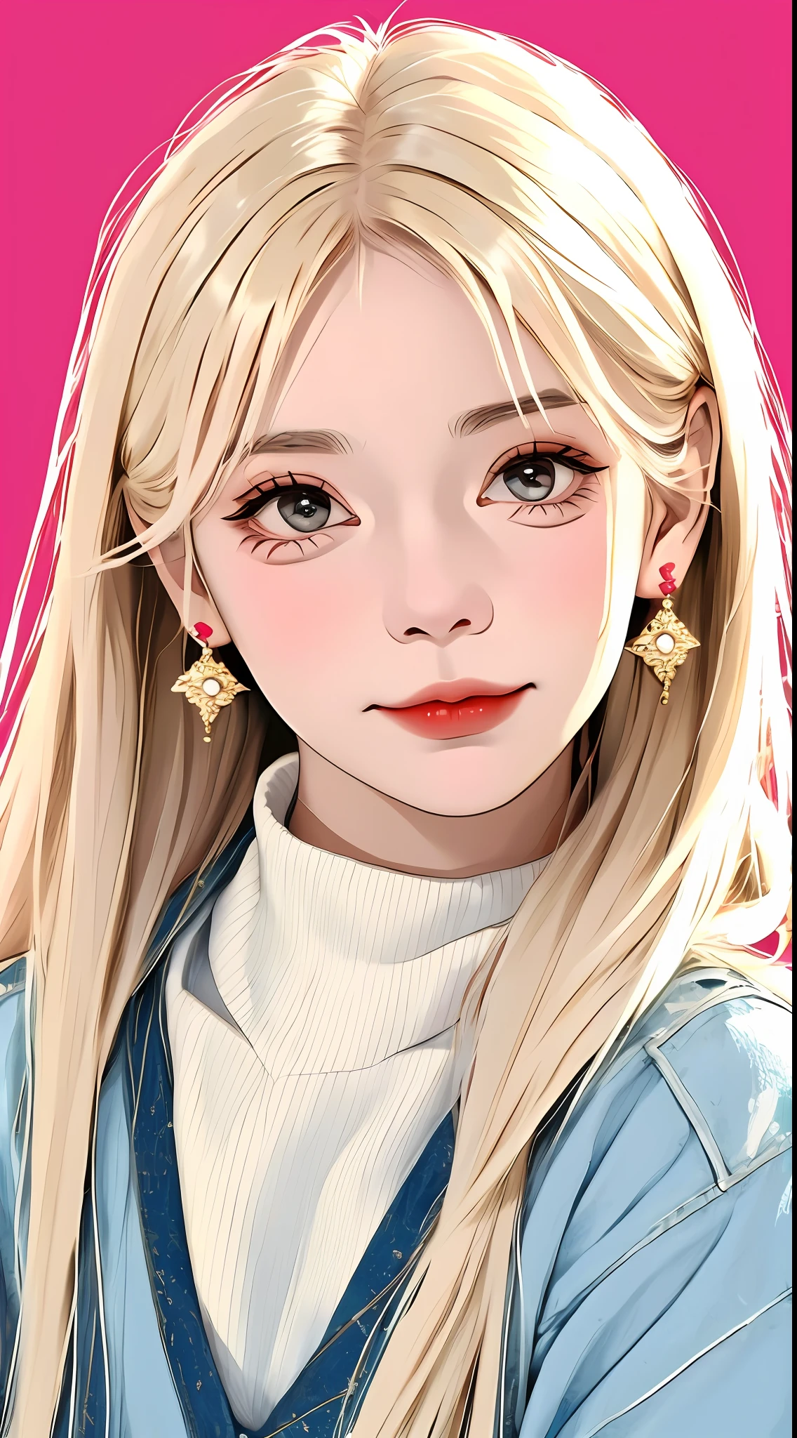 A cute girl with random hair, messy, earrings, street style, solid color background, cold expression, simple background, minimalist, evil smile, facing the camera, looking at the audience