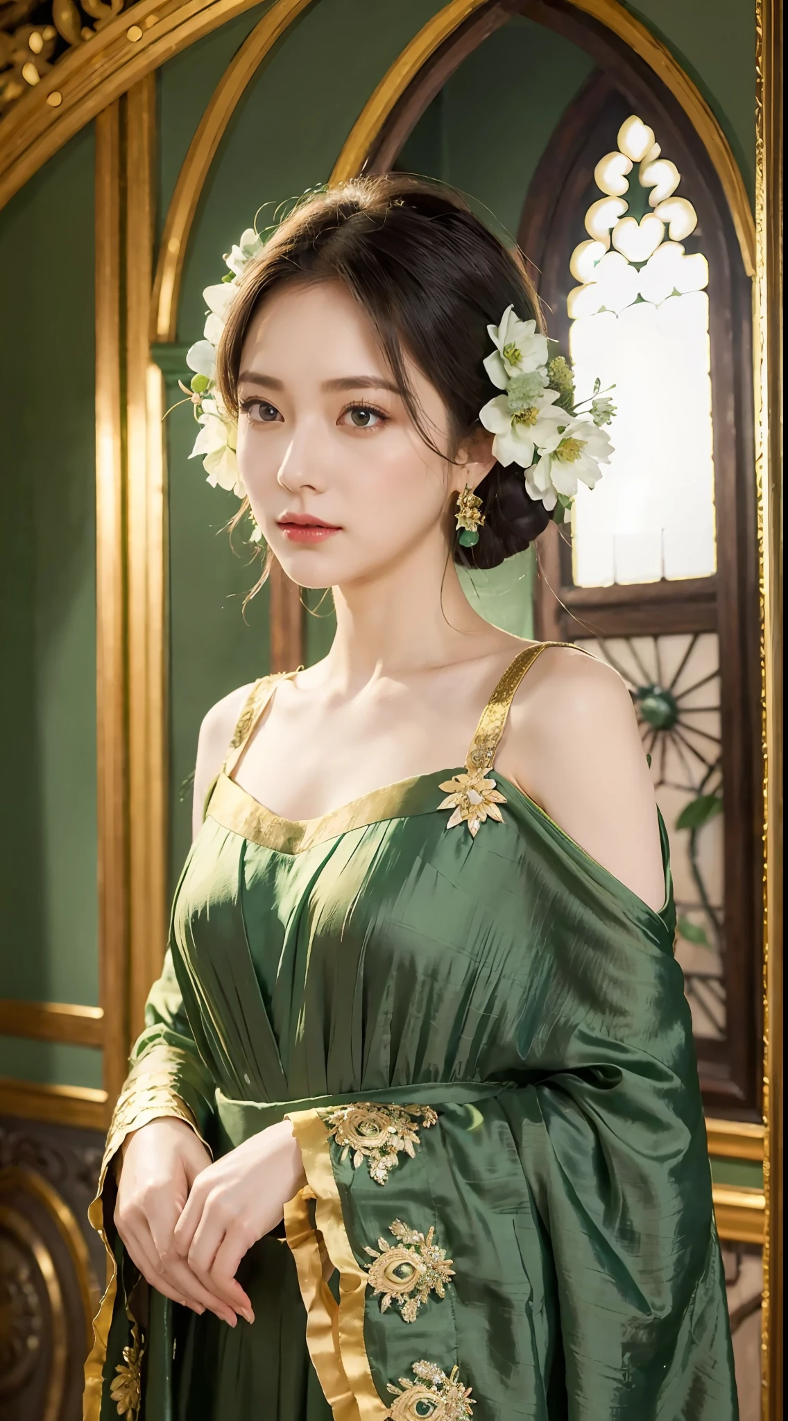 A gentle and lovely mature woman, beautiful face, double eyelids, pale green flower palace dress, covered with a layer of golden tulle, wide hem rusted purple patterns, three thousand green silk a little simply, the rest hung at the neck, and a small red gemstone hung from the forehead, which was just right.