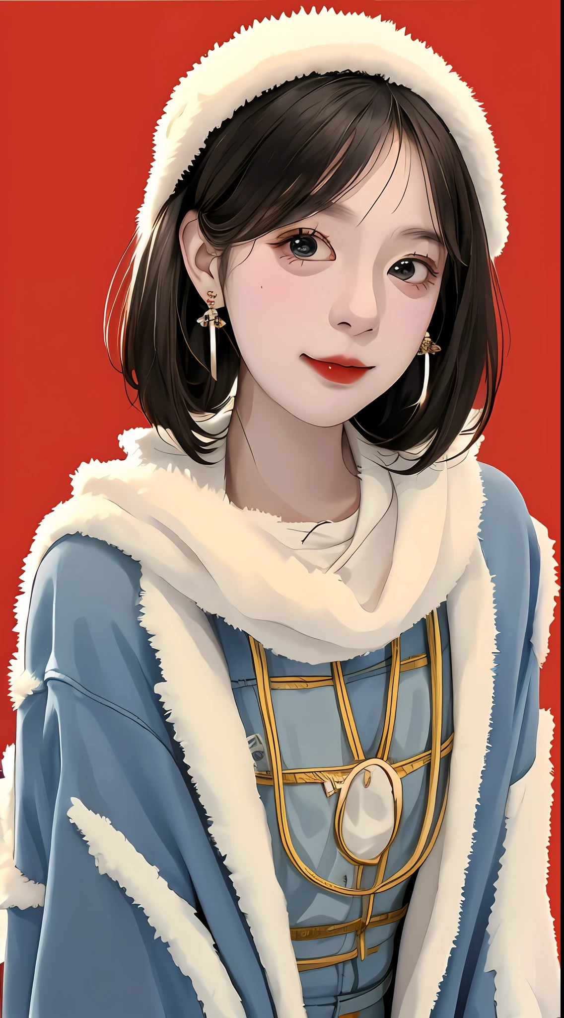 A cute girl with random hair, messy, earrings, street style, solid color background, cold expression, simple background, minimalist, evil smile, facing the camera, looking at the audience