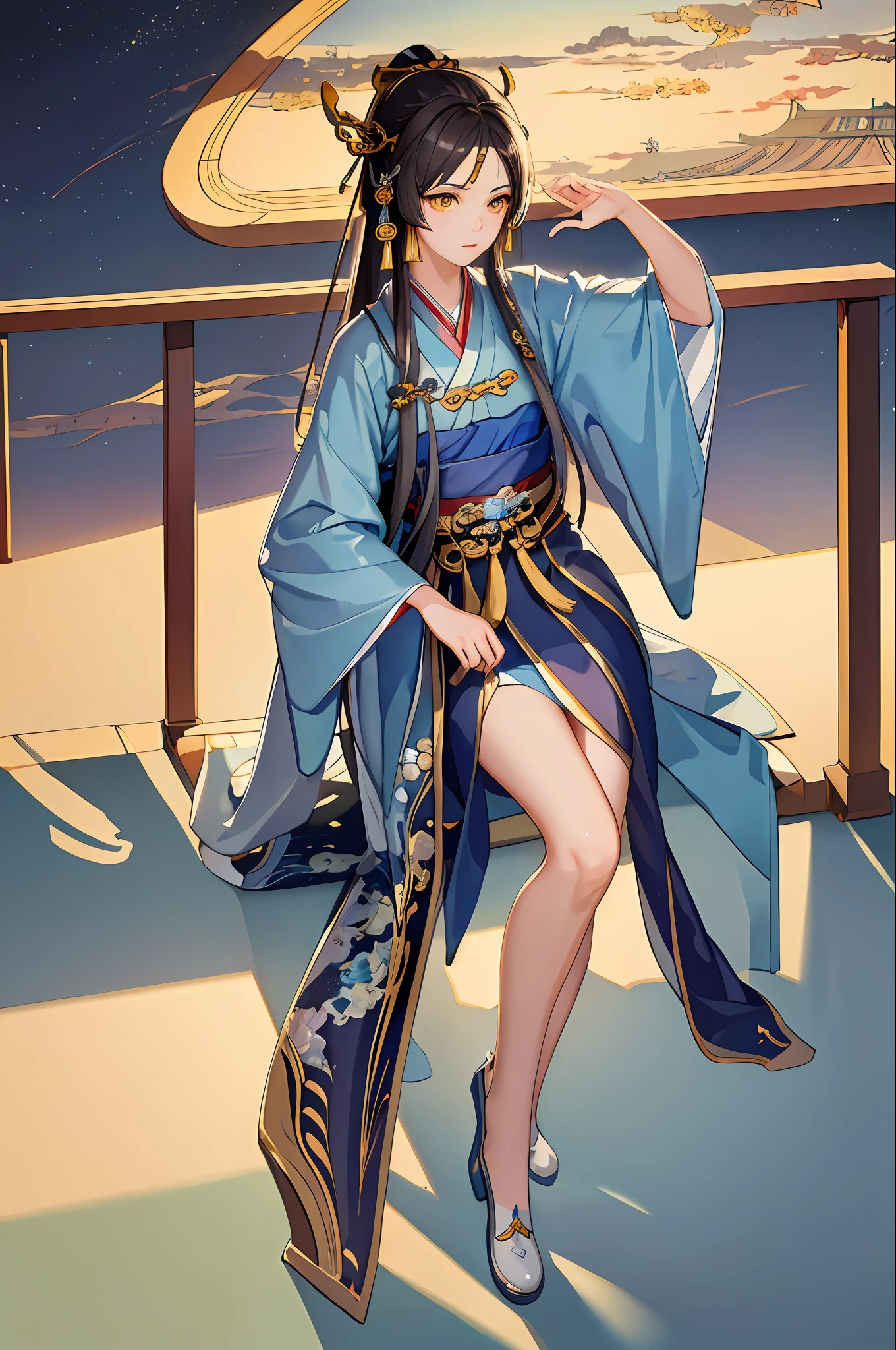 masterpiece, professional lighting, photon mapping, radiosity, physically-based rendering,1girl, full body,absurdres, highres, skyline, beautiful detailed sky, covered,(hanfu, ming style),yellow eyes,