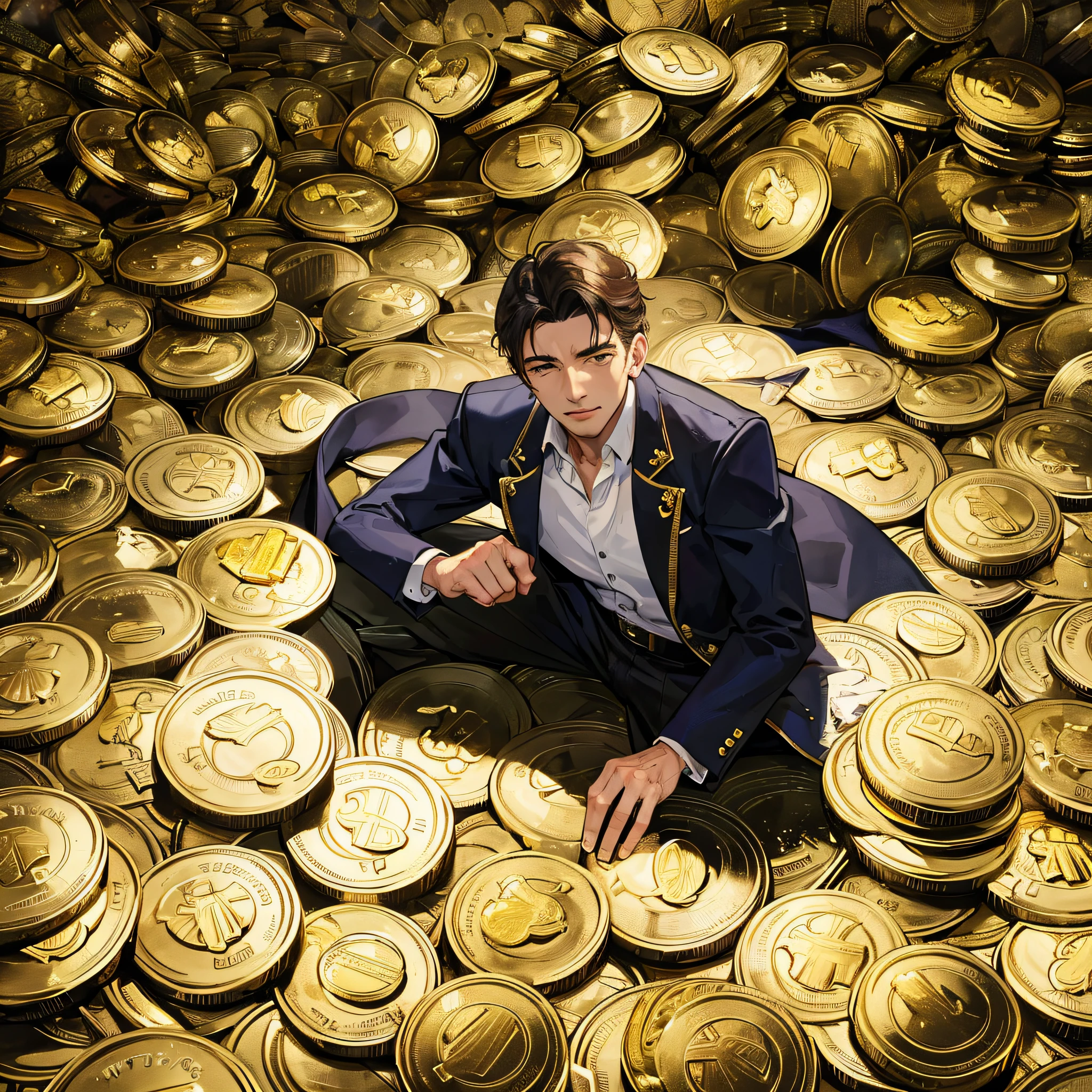 A man is surrounded by a pile of gold, gold coins and some cash
