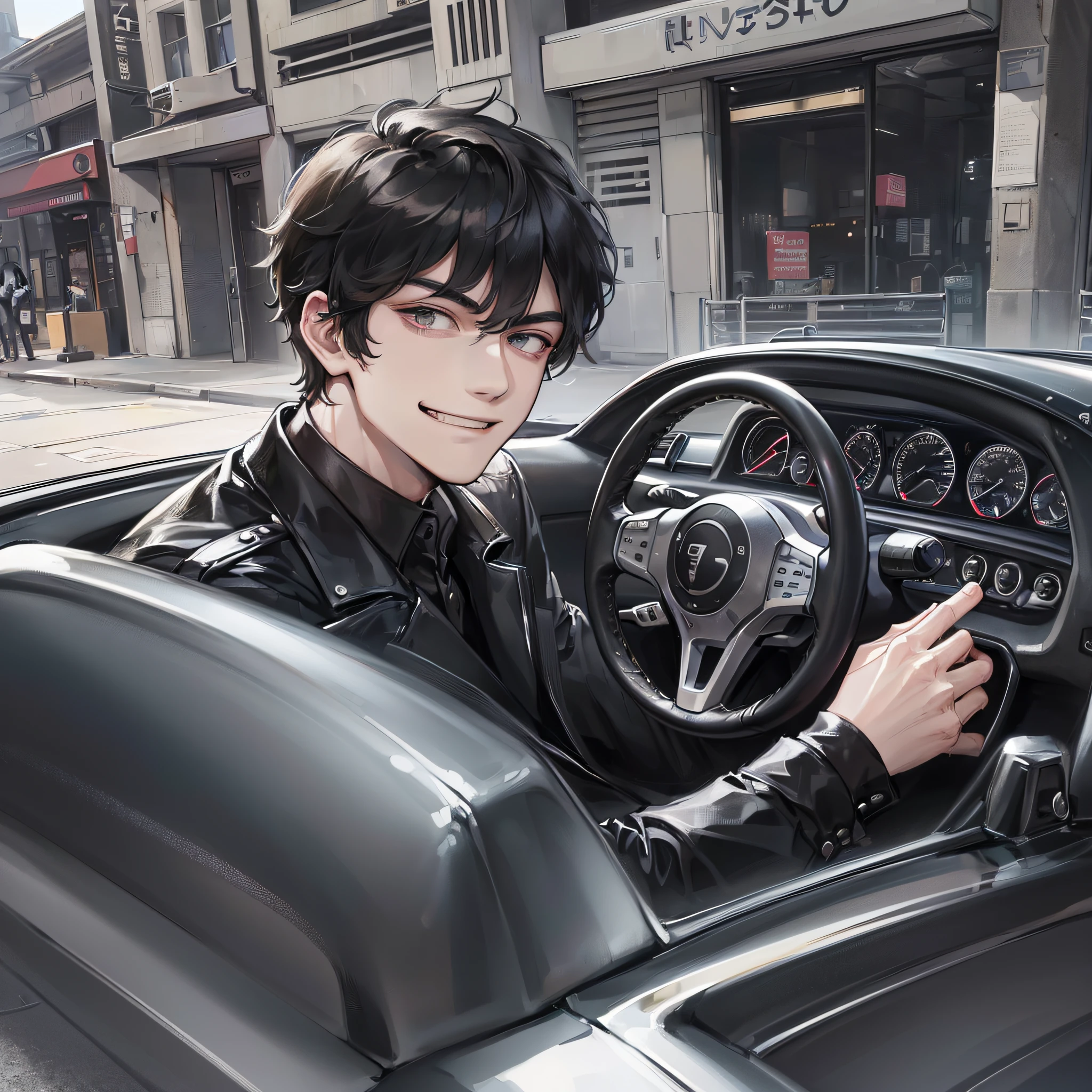 (A 20-year-old boy wearing a black suit and short black hair; 1.5)
(Sitting in a silver sports car, 1.6)
(Steering wheel, 1.7)
(With a smug smile; 1.5)